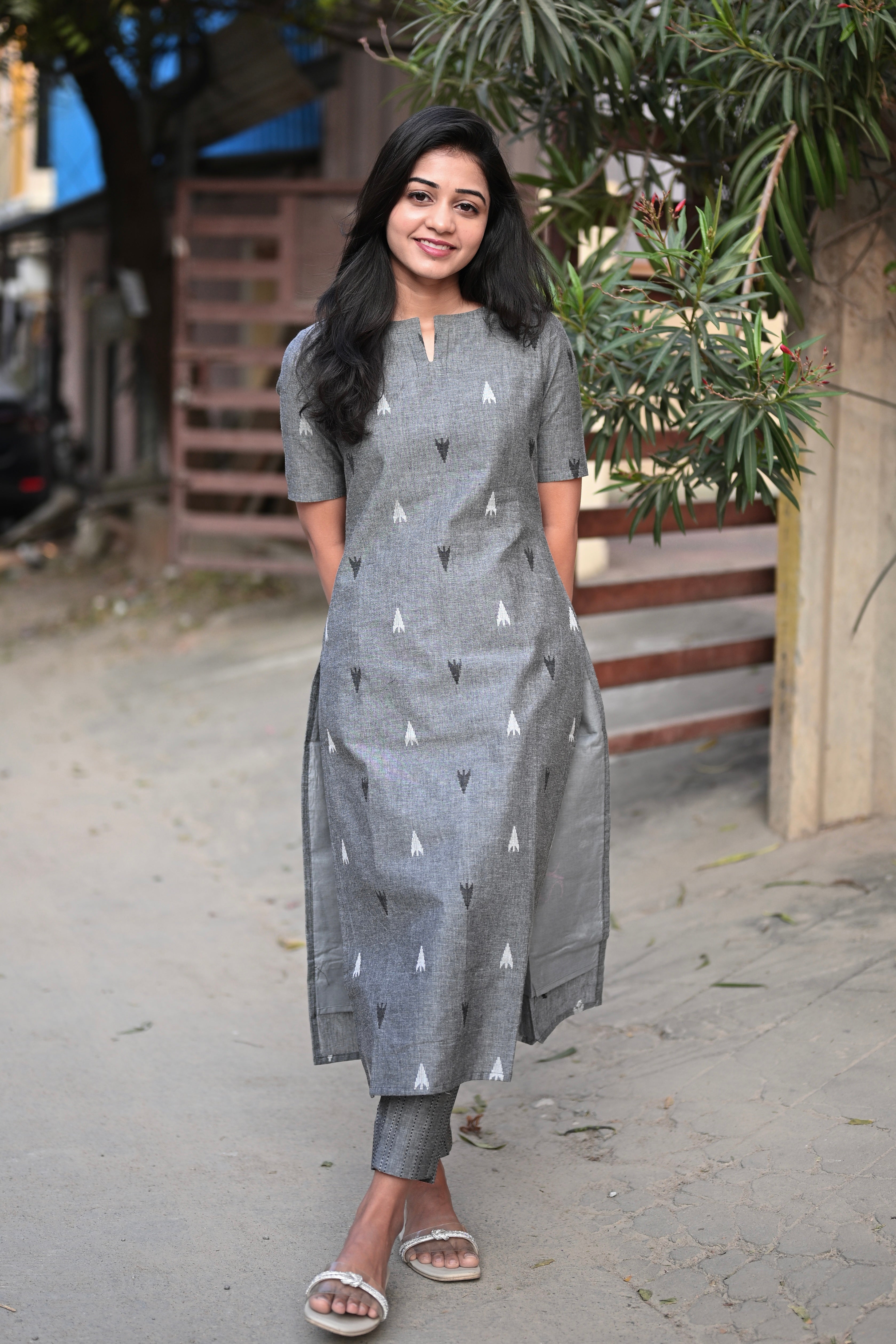 Grey Ikat Print Pure Cotton Kurta with Matching Trousers