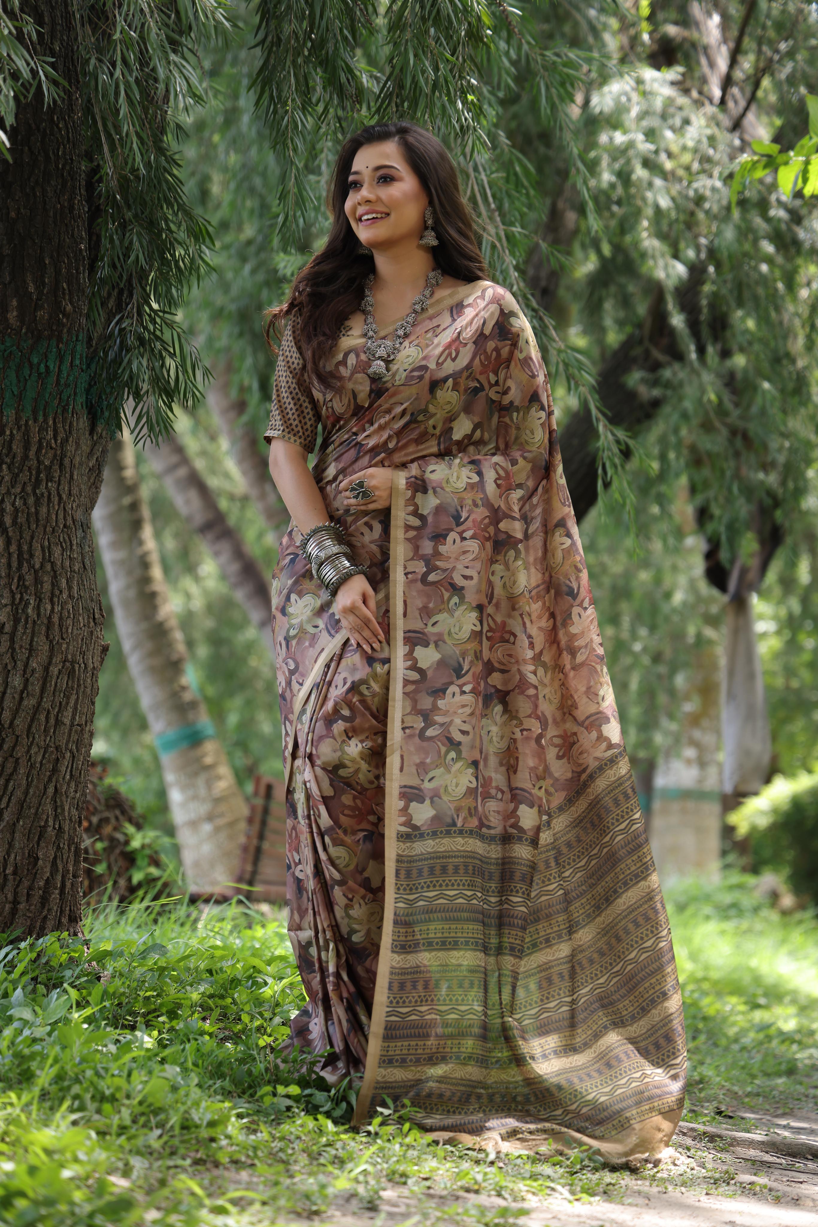 Kashi- Kalamkari Saree Floral Design Tussar Silk Blend Zari Weaving Border And Rich Pallu With Blouse