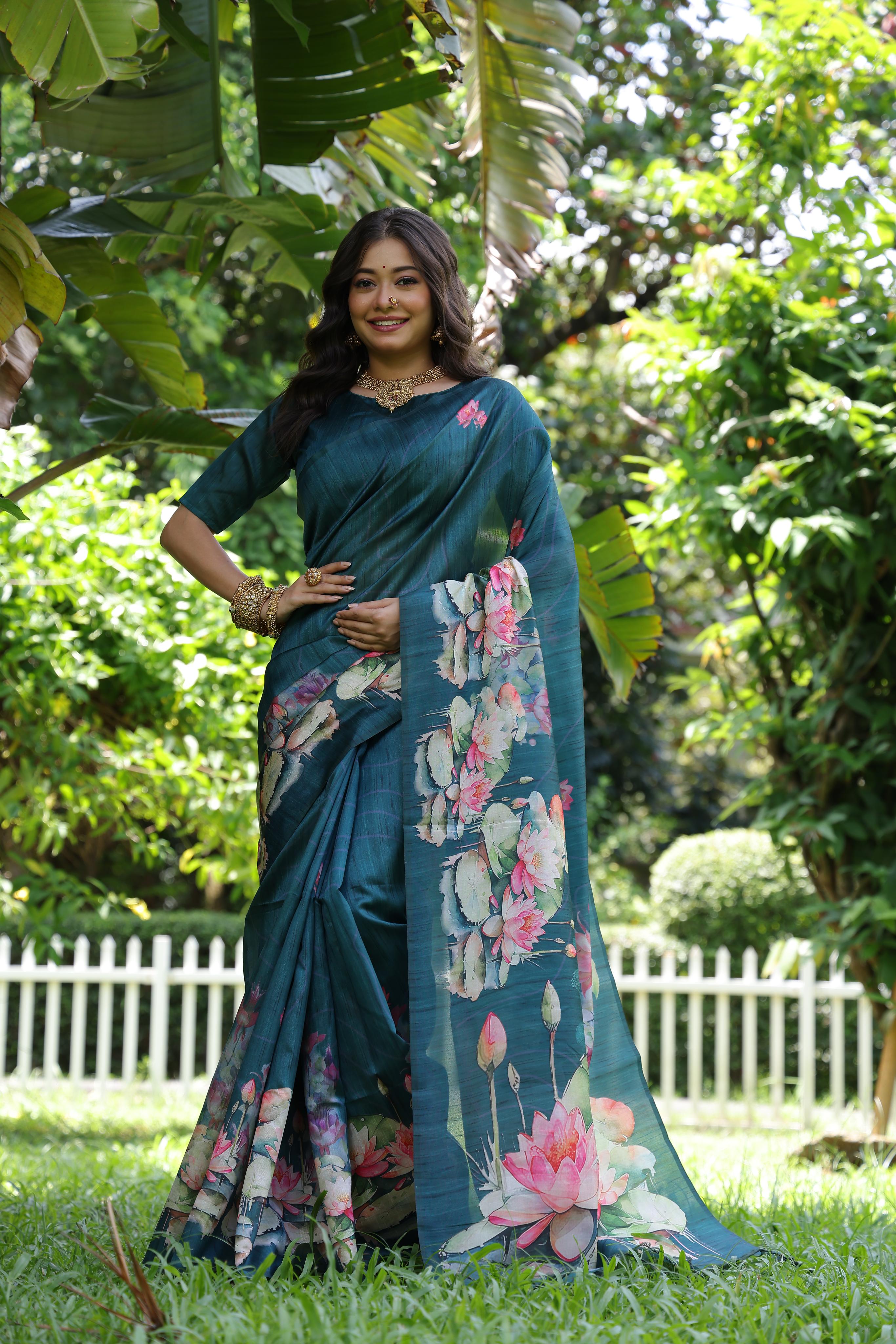 Awariya- Lotus Bloom  Floral printed saree with printed  Soft Silk Saree