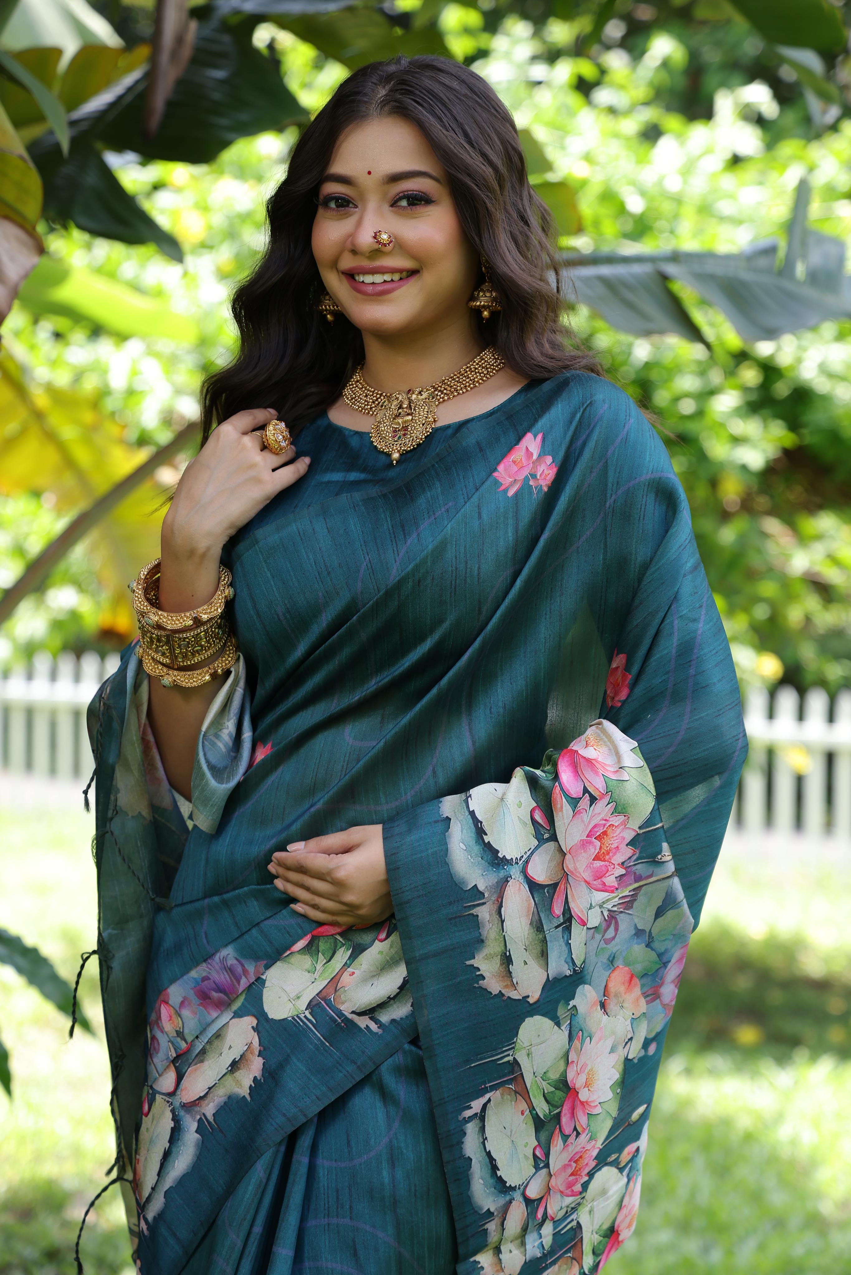 Awariya- Lotus Bloom  Floral printed saree with printed  Soft Silk Saree