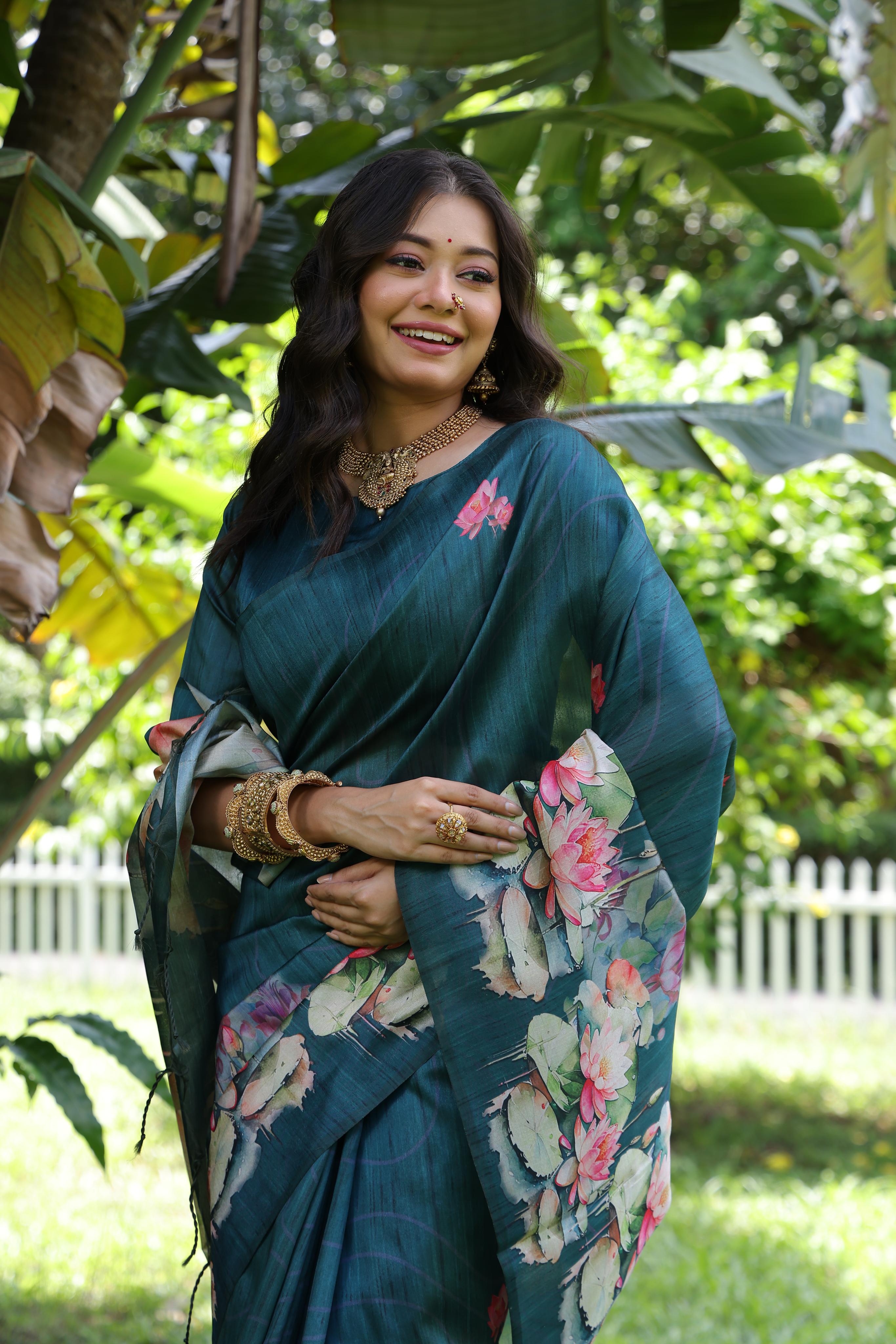 Awariya- Lotus Bloom  Floral printed saree with printed  Soft Silk Saree