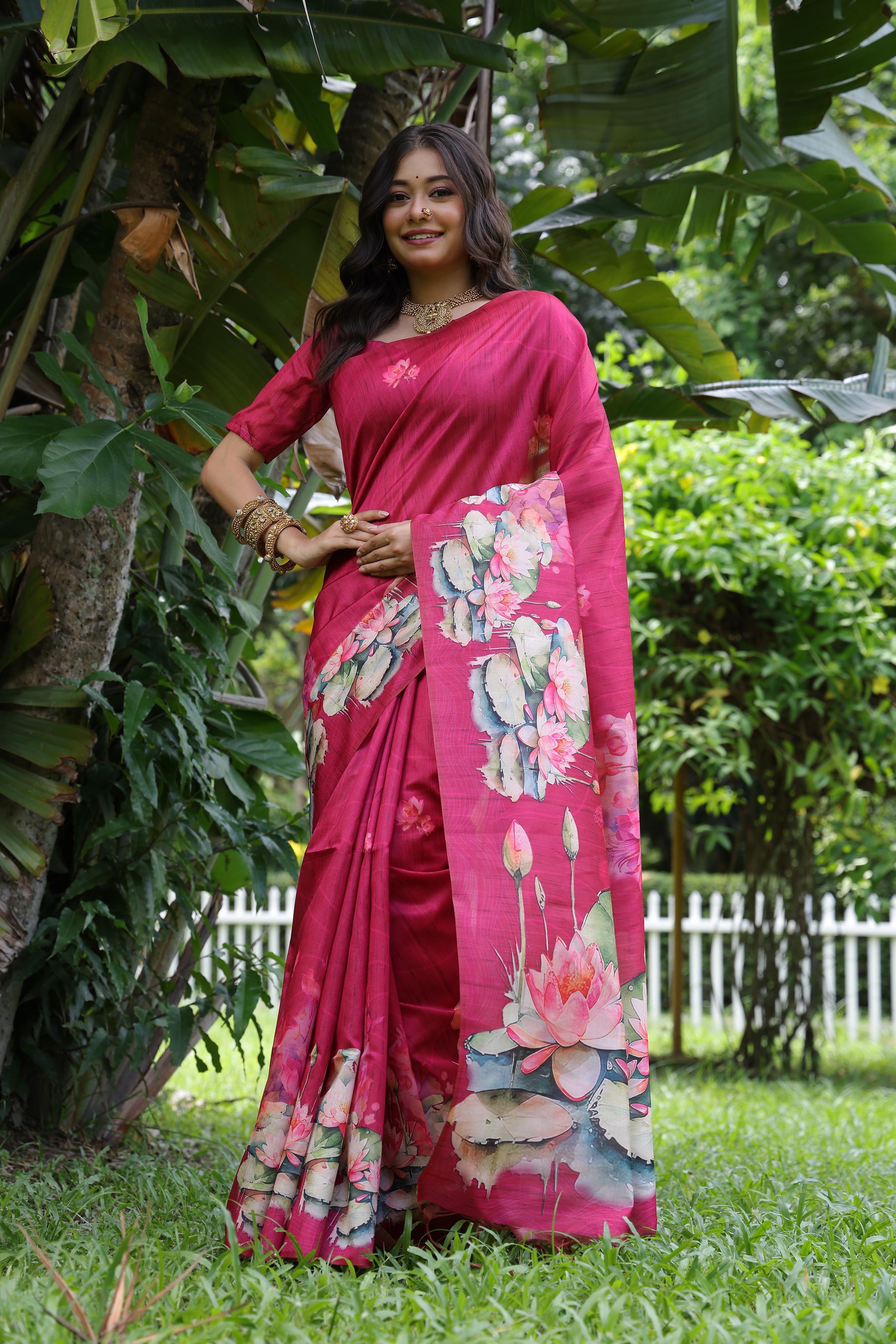 Awariya- Lotus Bloom  Floral printed saree with printed  Soft Silk Saree