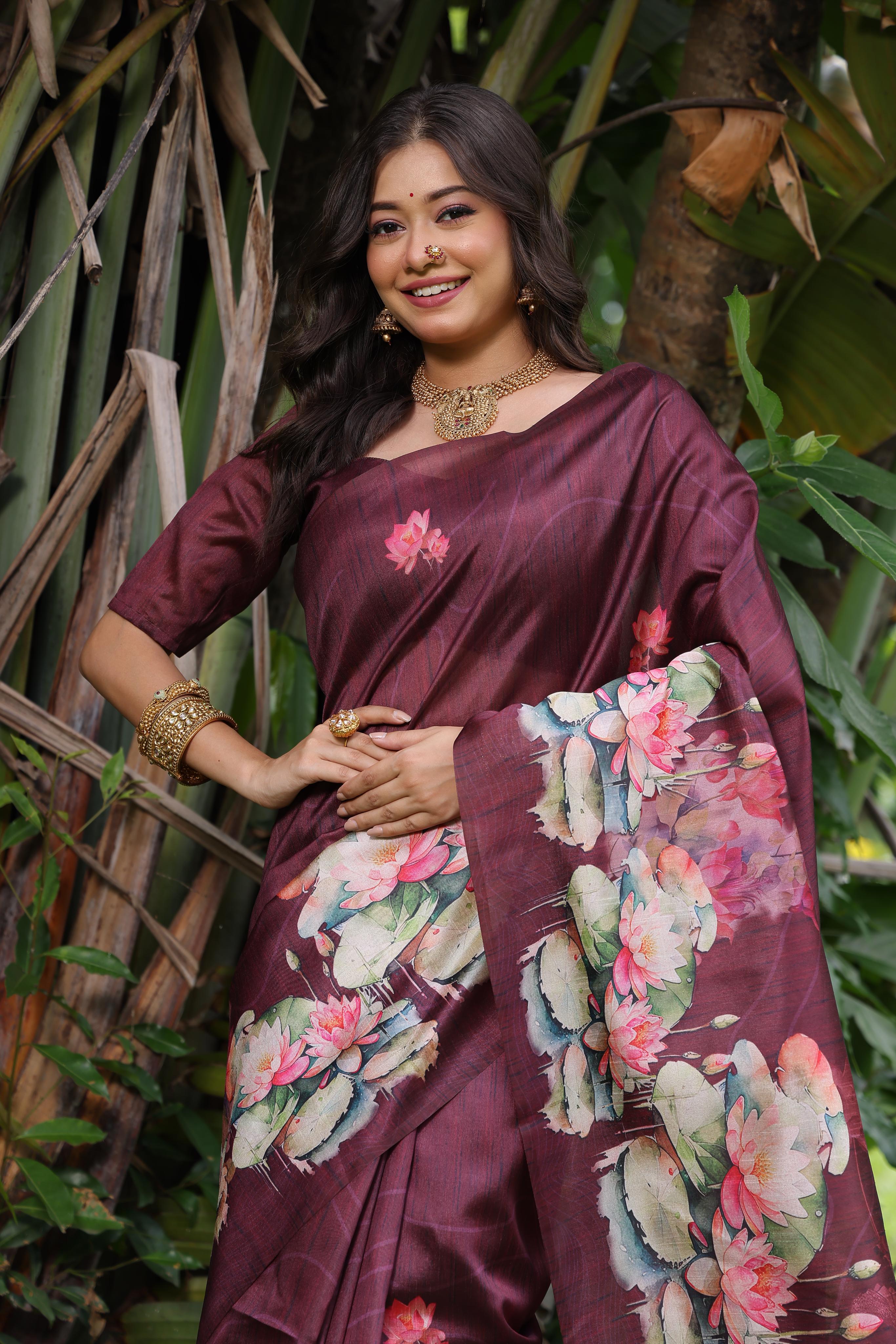 Awariya- Lotus Bloom  Floral printed saree with printed  Soft Silk Saree