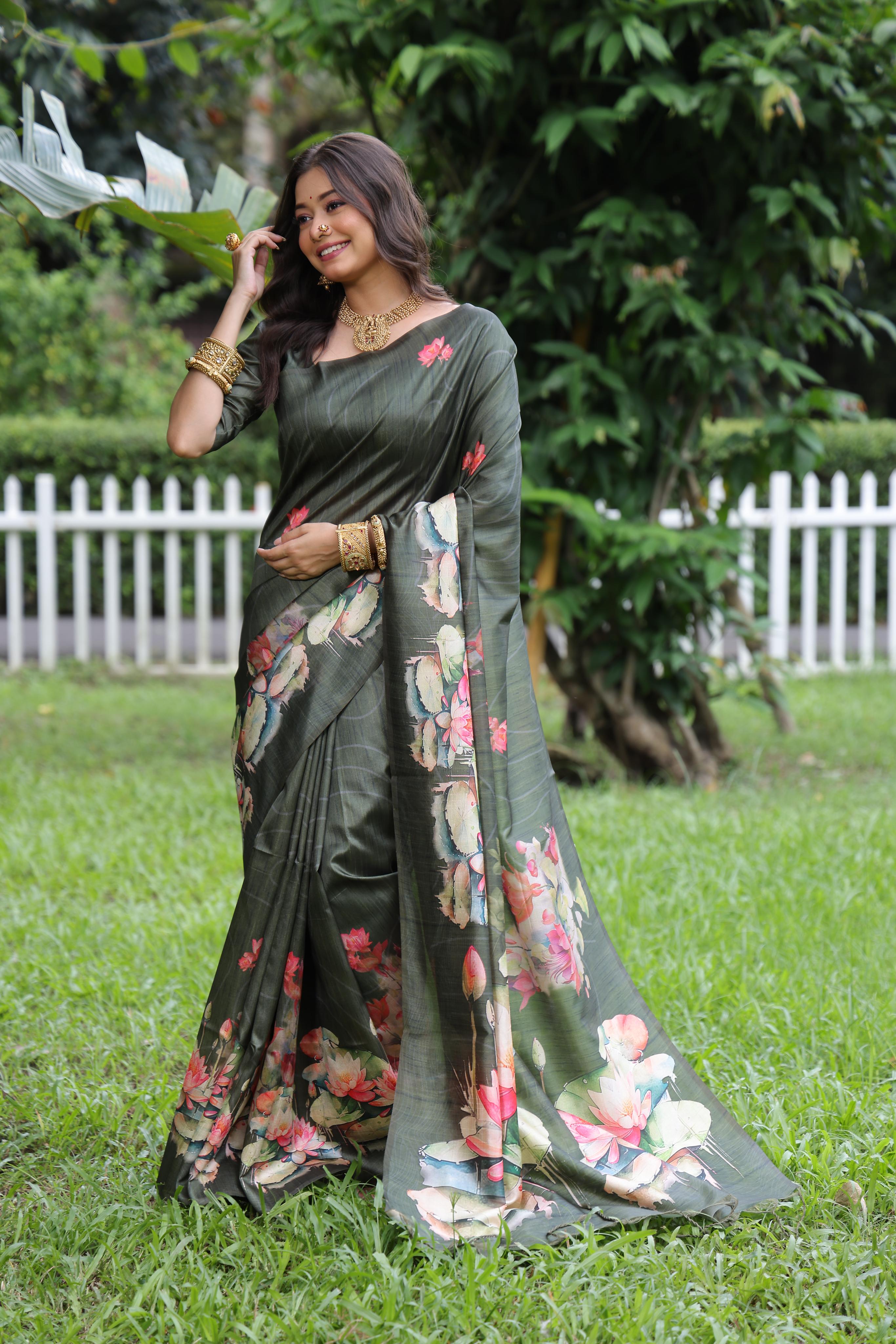 Awariya- Lotus Bloom  Floral printed saree with printed  Soft Silk Saree