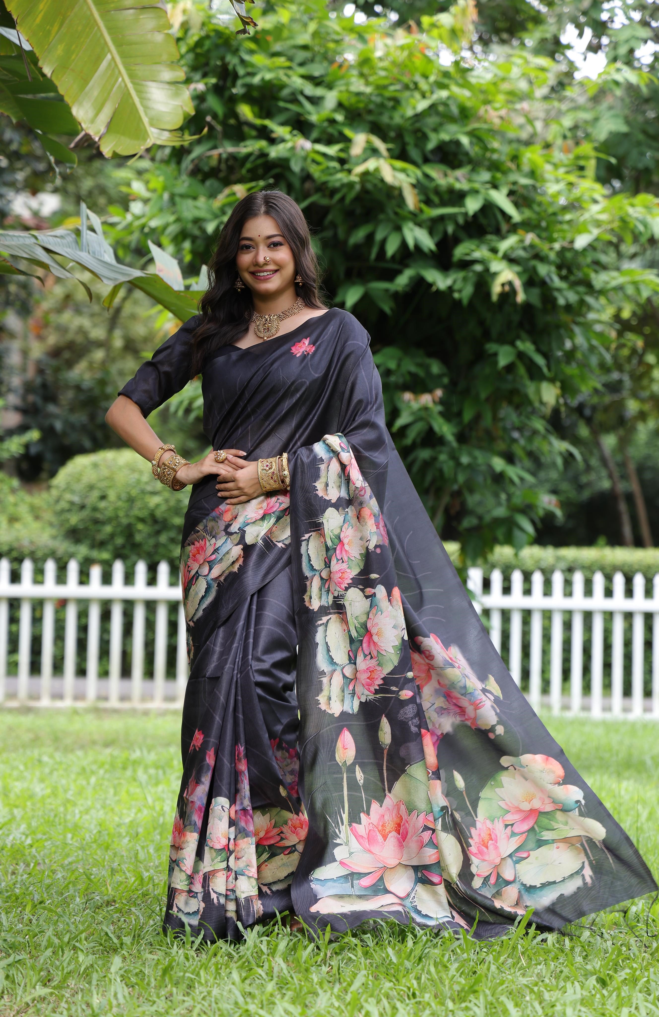 Awariya- Lotus Bloom  Floral printed saree with printed  Soft Silk Saree
