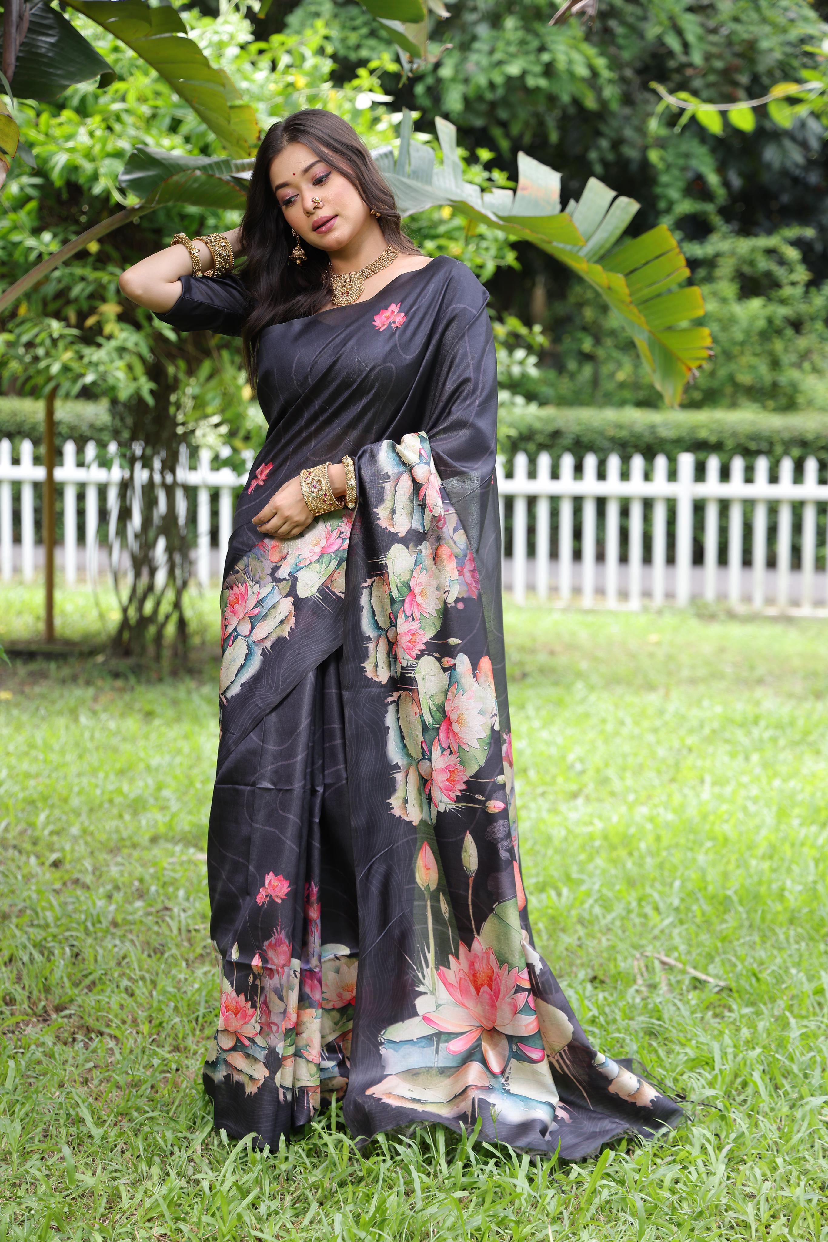 Awariya- Lotus Bloom  Floral printed saree with printed  Soft Silk Saree