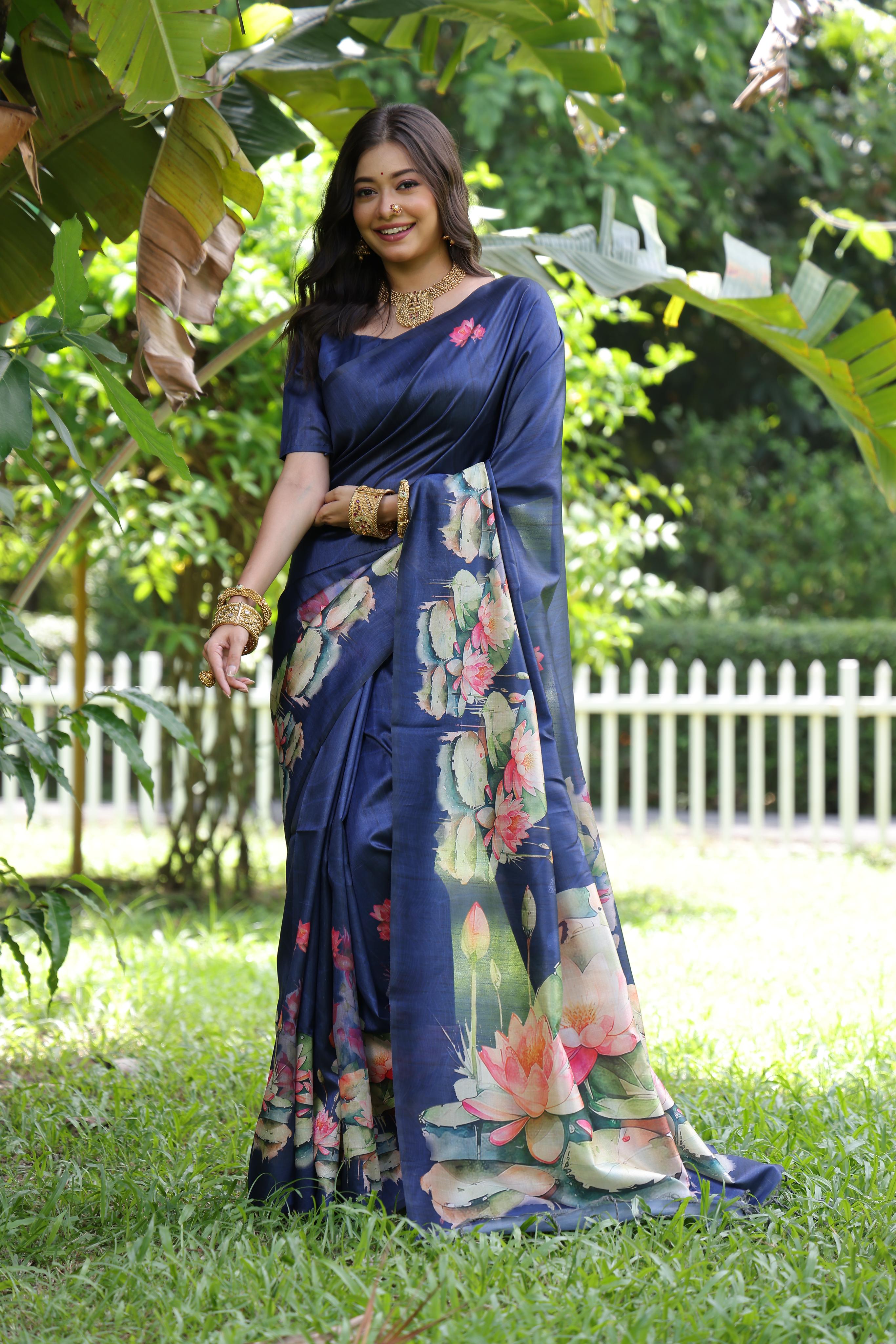 Awariya- Lotus Bloom  Floral printed saree with printed  Soft Silk Saree