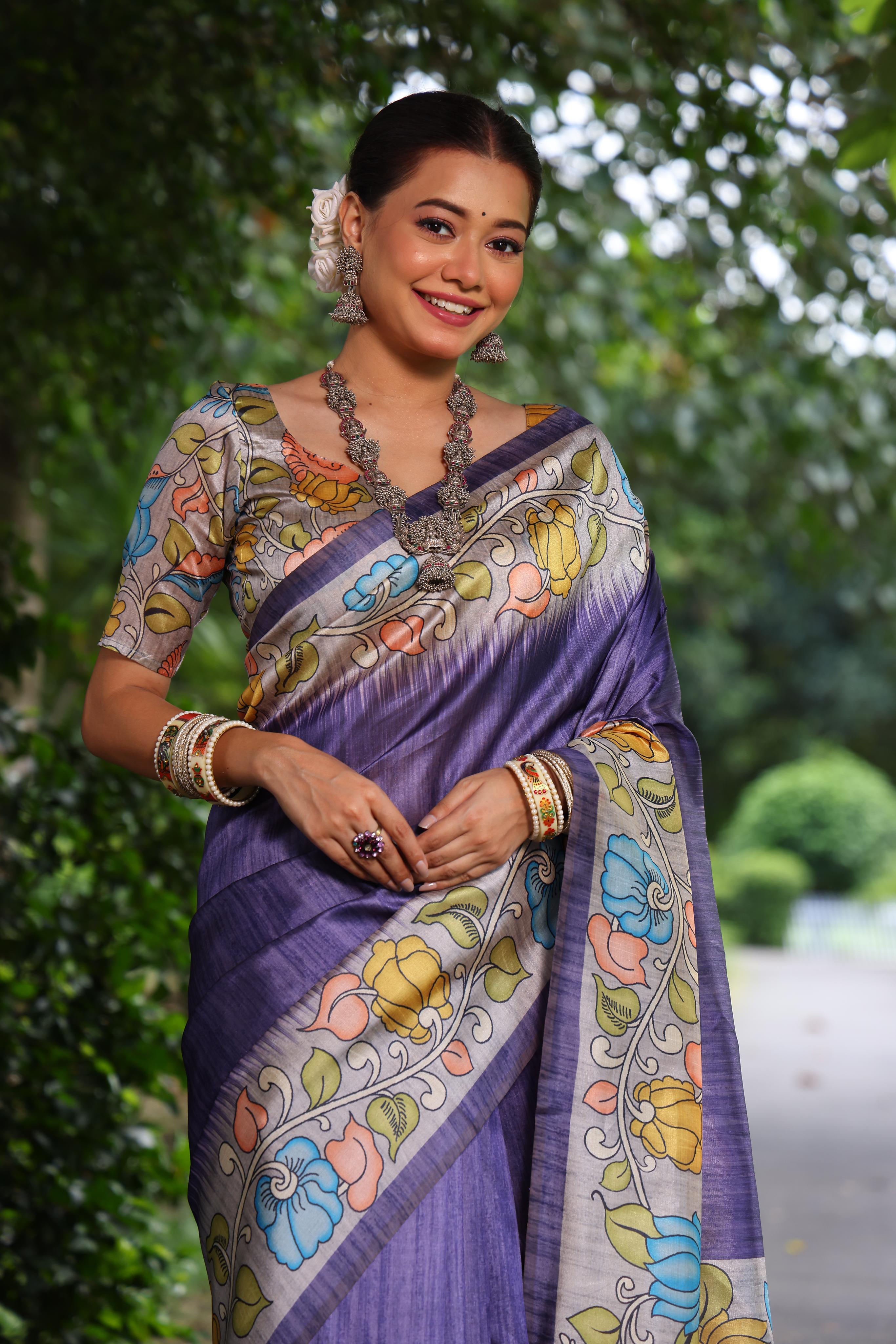 Kajal- Women Tussar Silk Saree with Kalamkari Print
