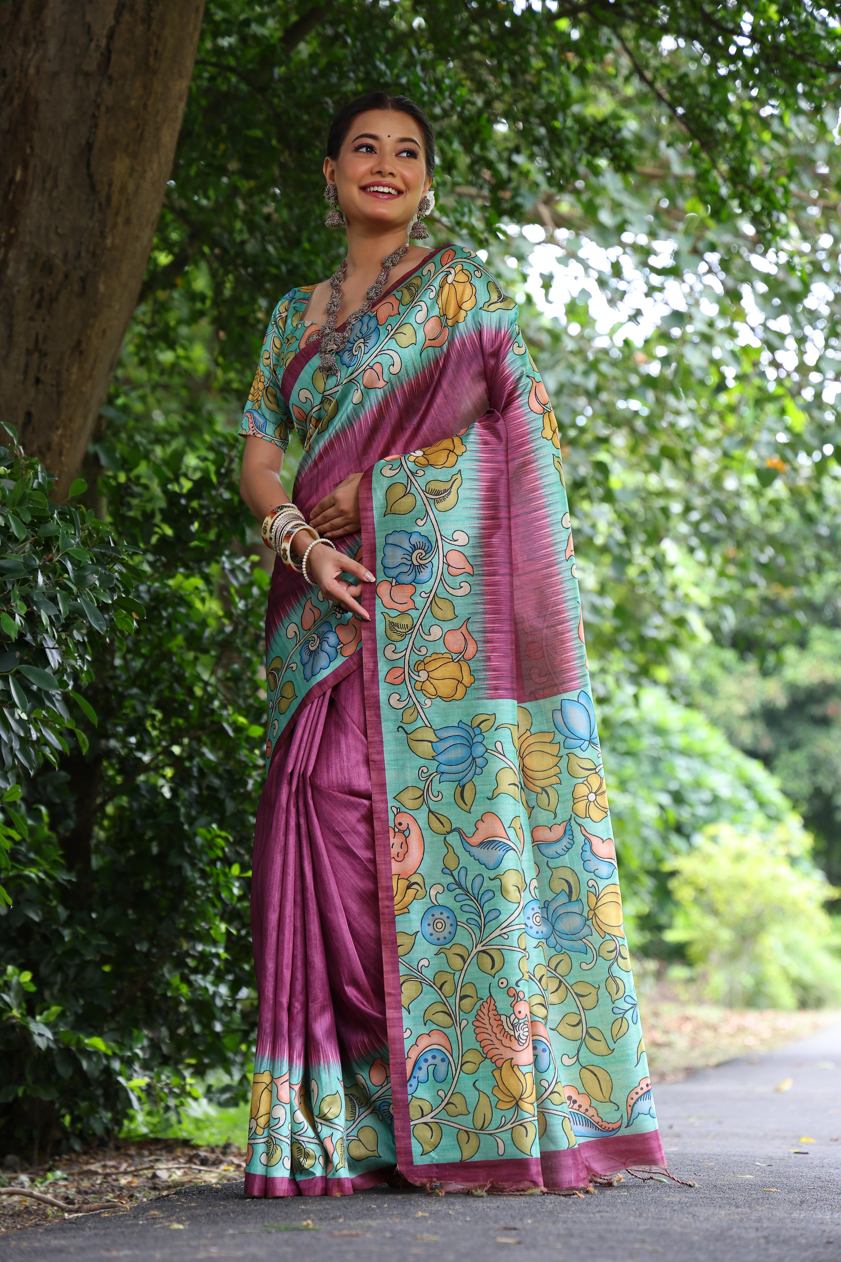 Kajal- Women Tussar Silk Saree with Kalamkari Print
