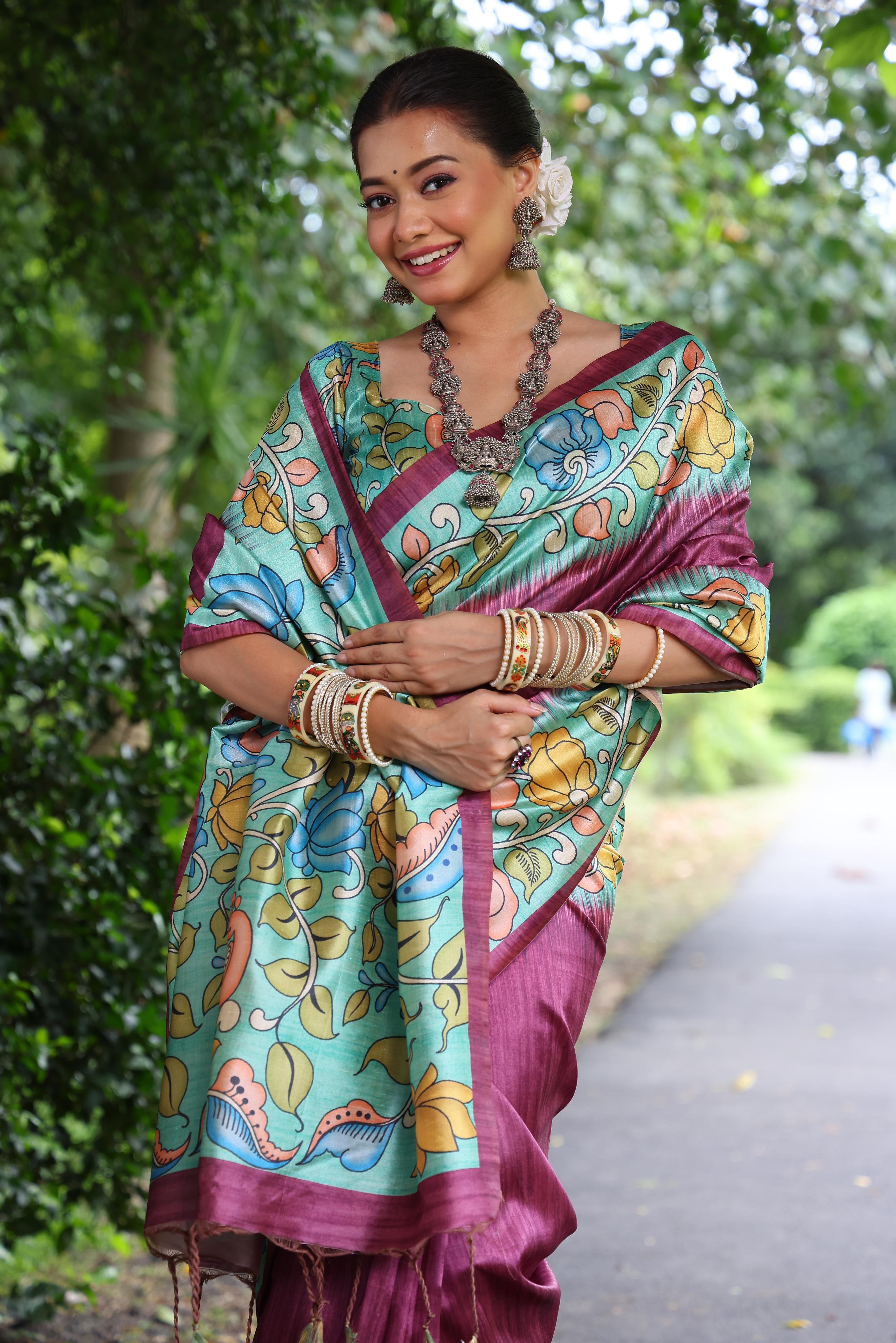 Kajal- Women Tussar Silk Saree with Kalamkari Print