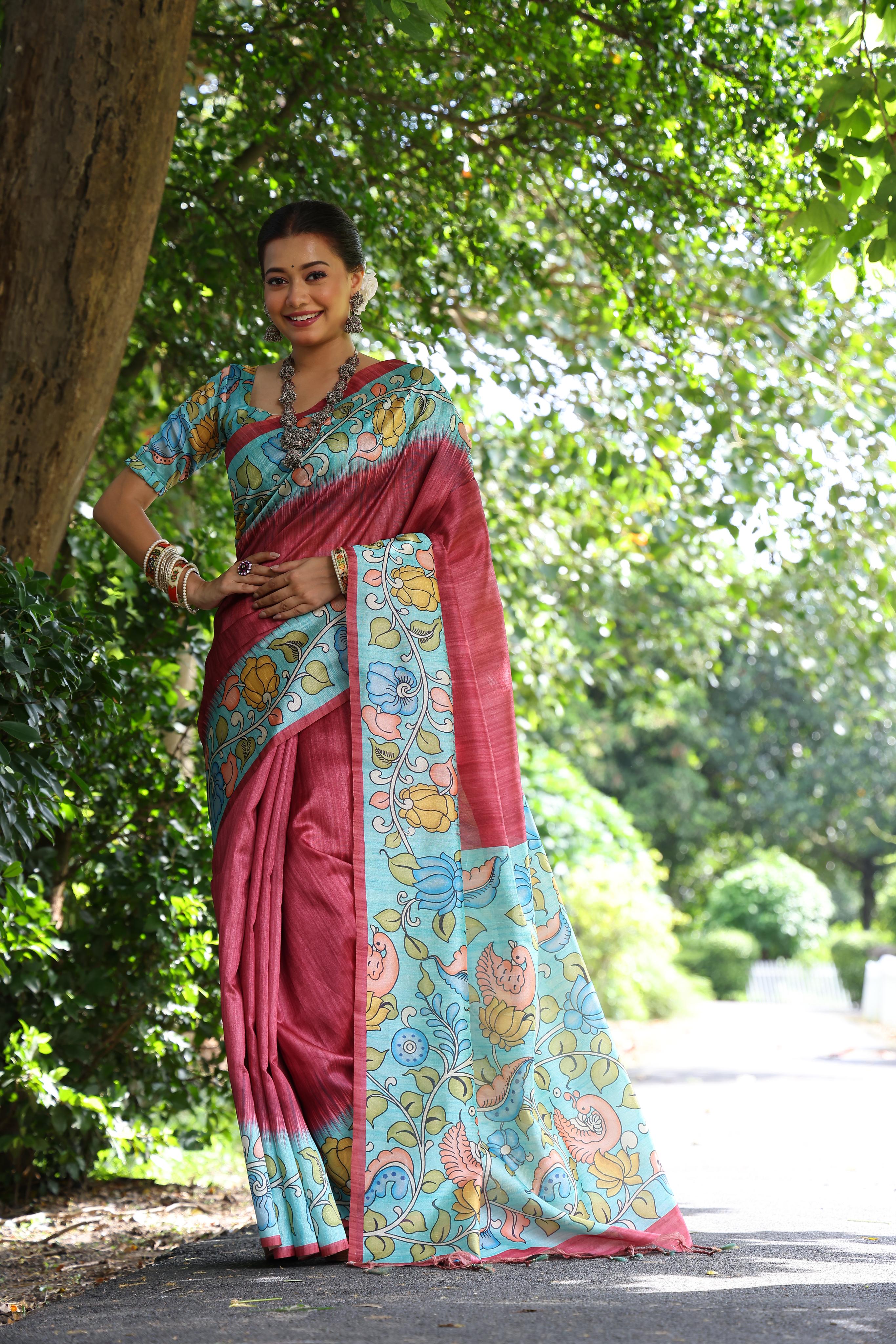 Kajal- Women Tussar Silk Saree with Kalamkari Print