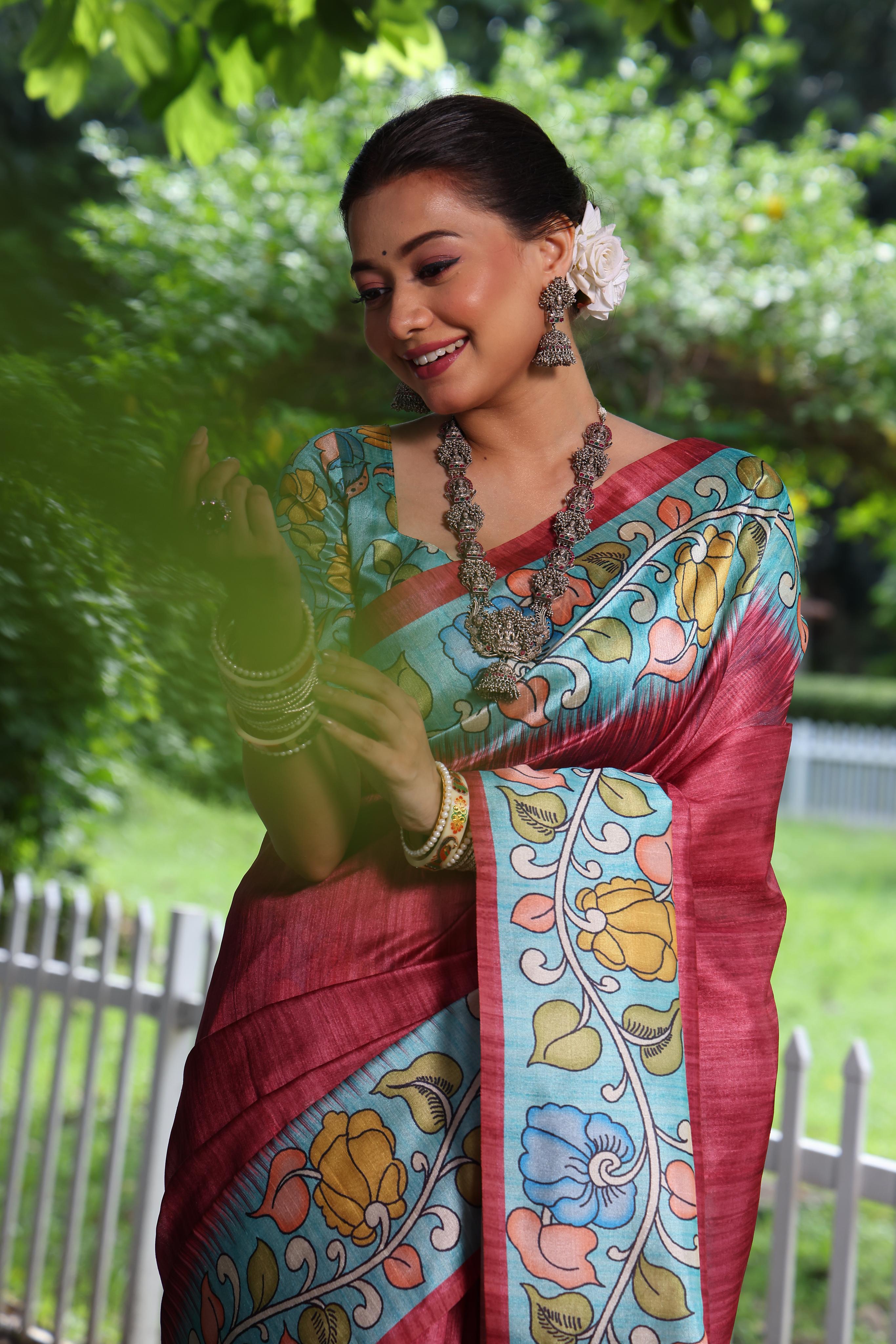 Kajal- Women Tussar Silk Saree with Kalamkari Print