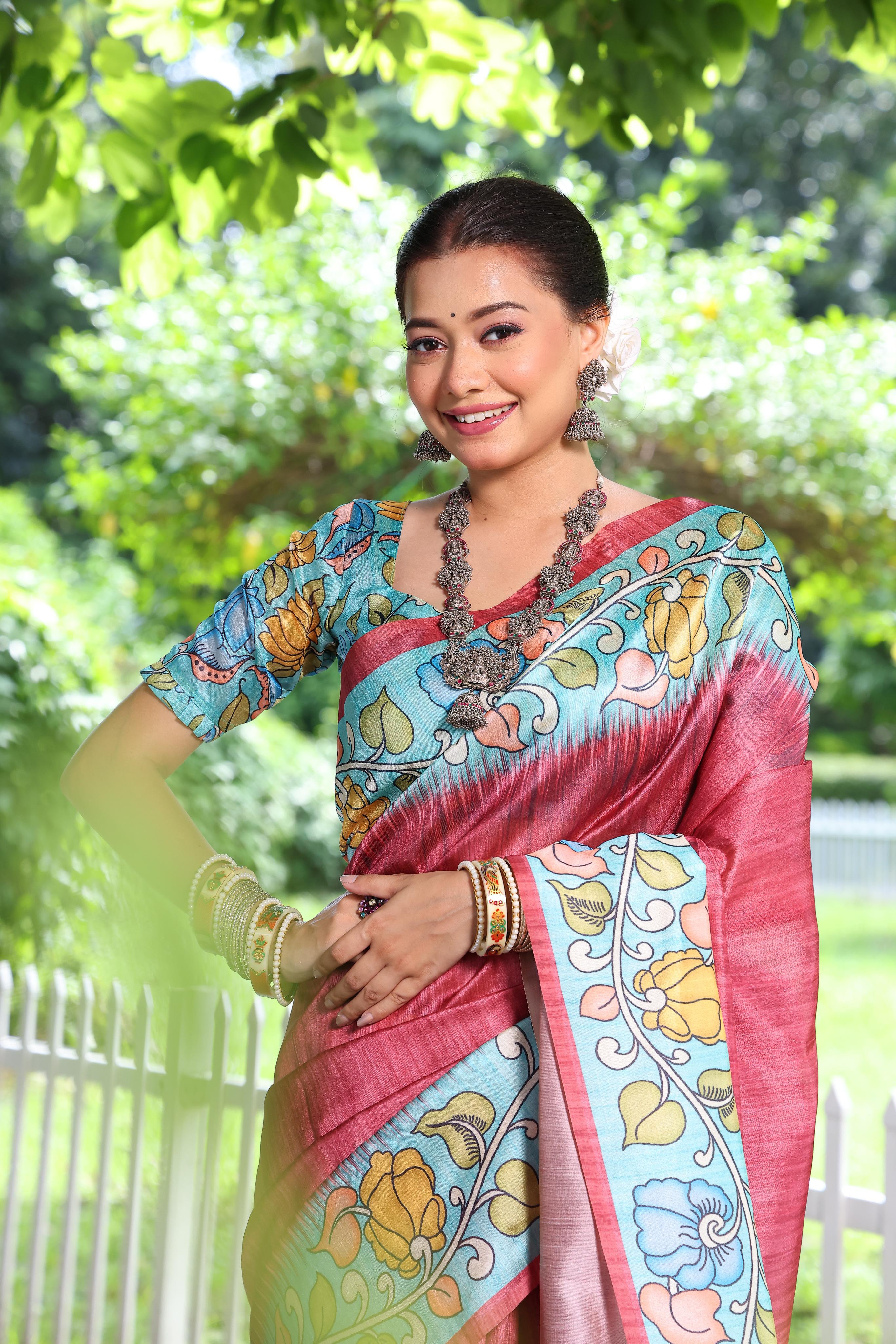 Kajal- Women Tussar Silk Saree with Kalamkari Print