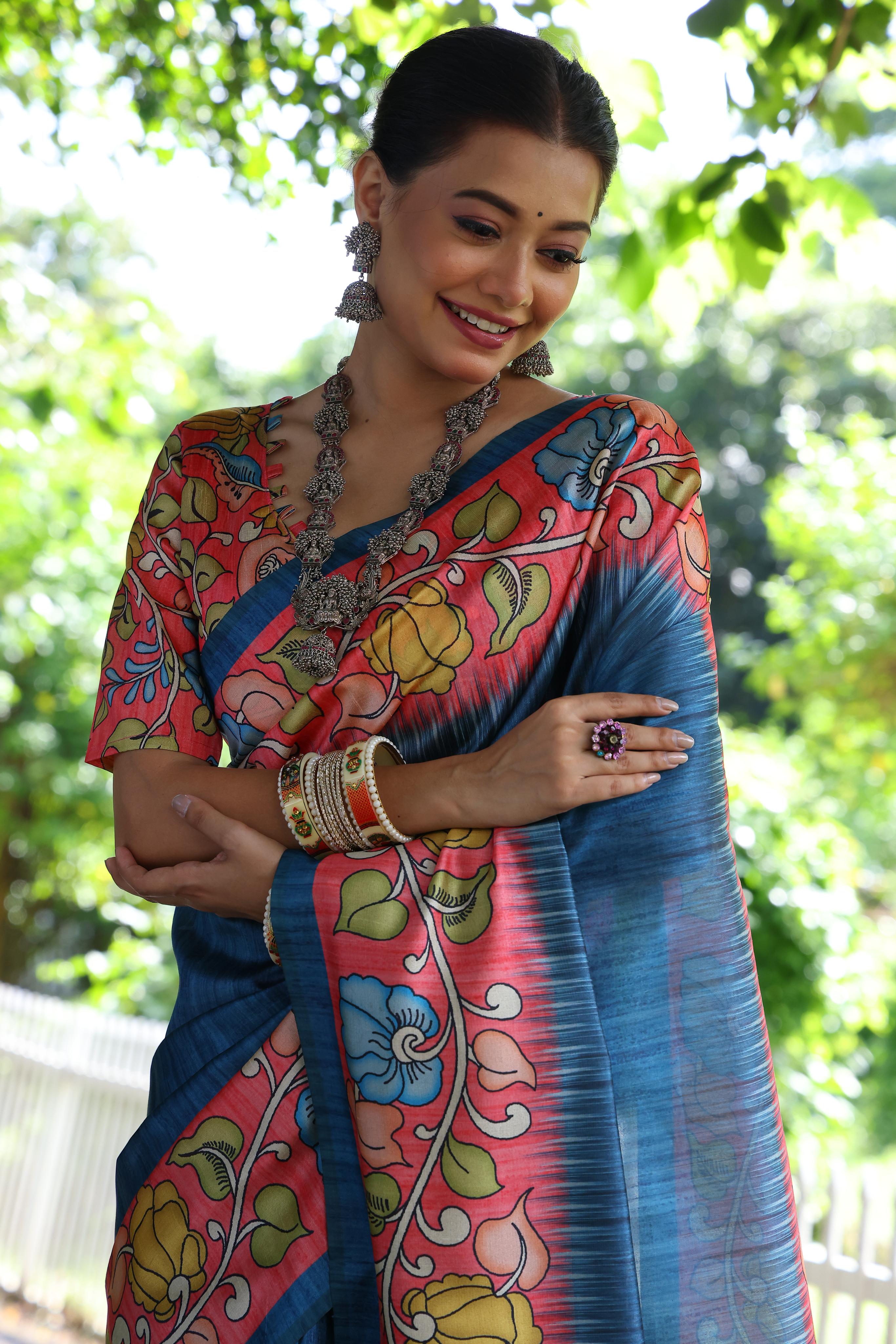 Kajal- Women Tussar Silk Saree with Kalamkari Print