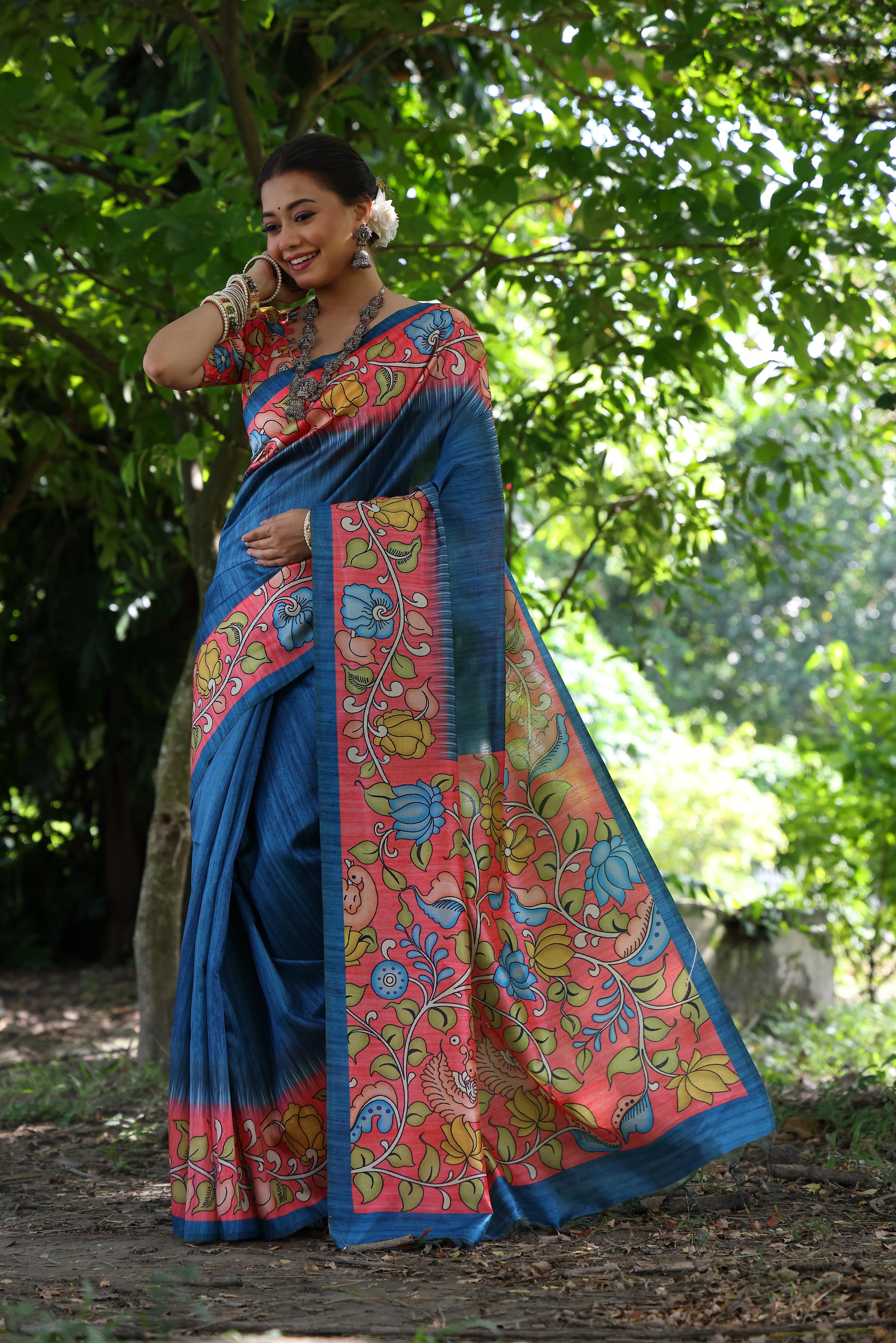 Kajal- Women Tussar Silk Saree with Kalamkari Print