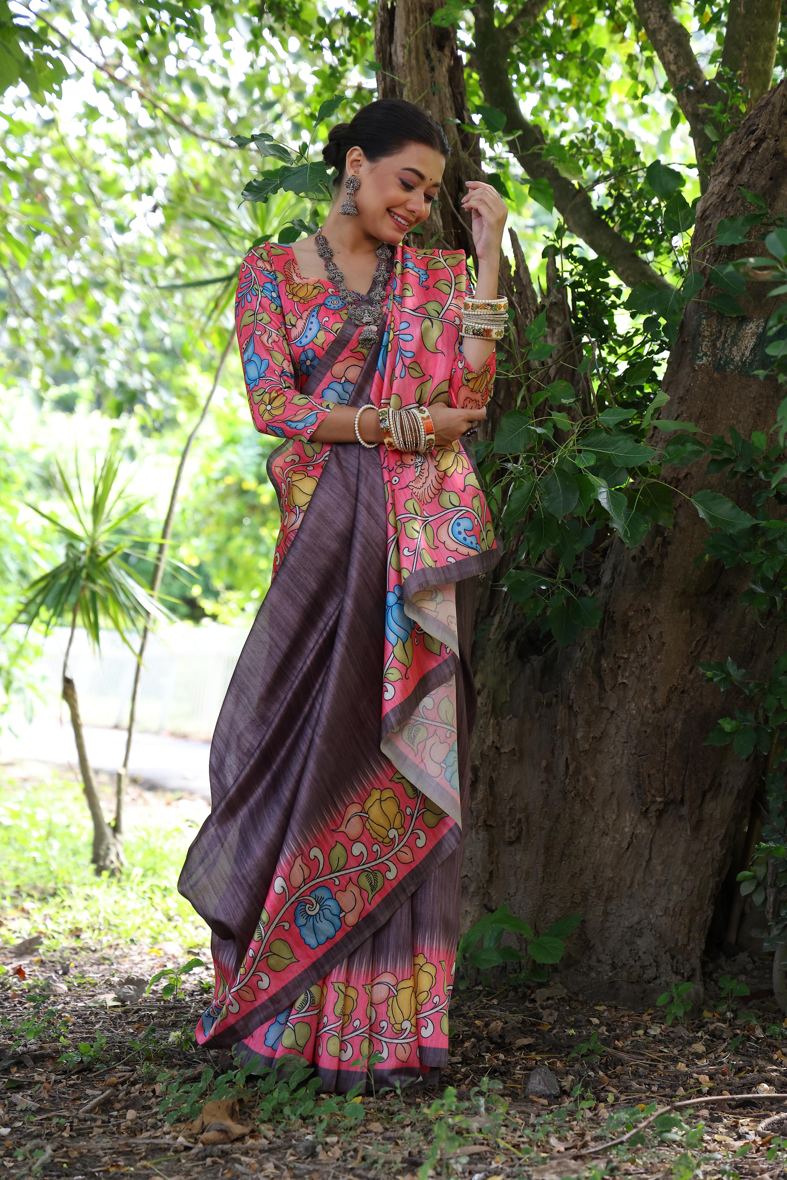 Kajal- Women Tussar Silk Saree with Kalamkari Print