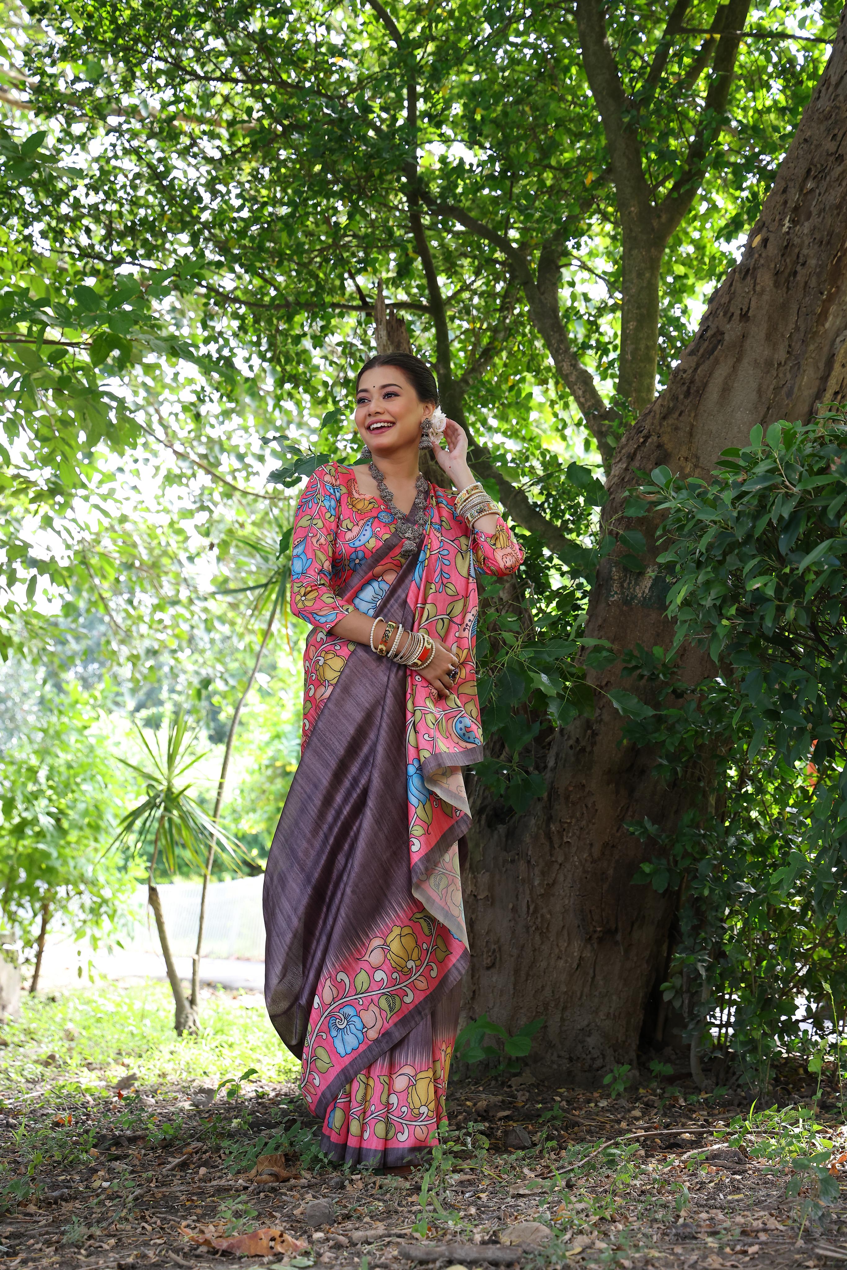 Kajal- Women Tussar Silk Saree with Kalamkari Print