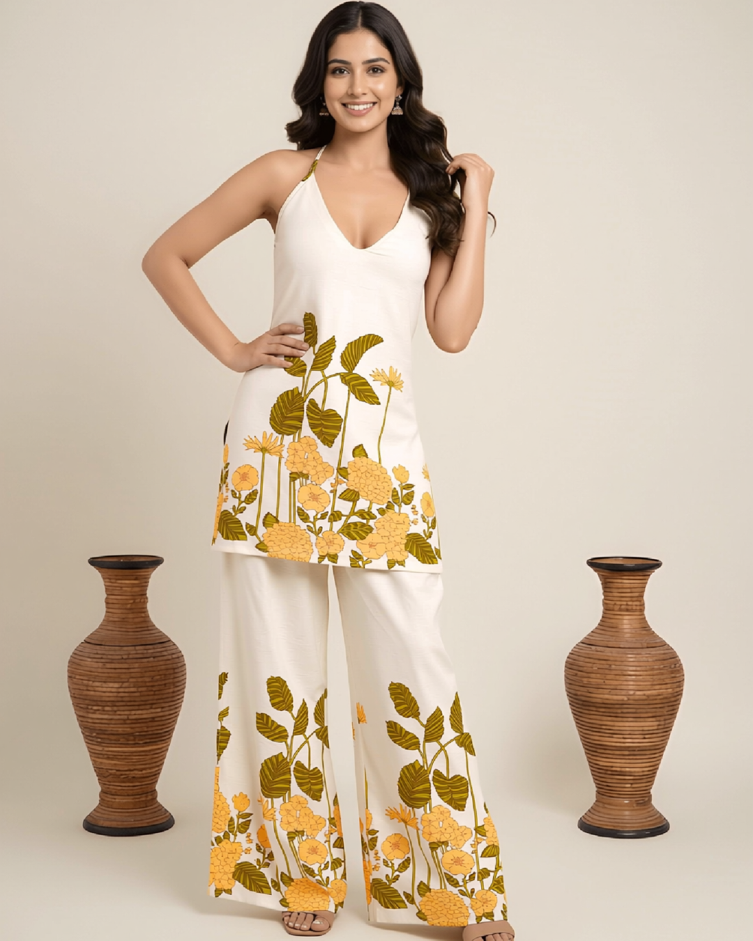 Aher Halter Neck Floral Print Tunic & Palazzo
