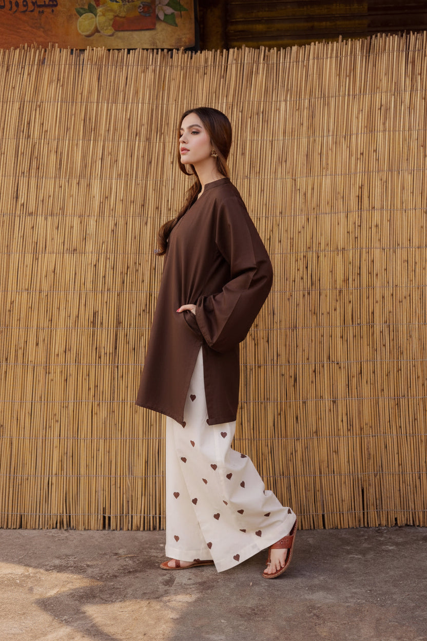 Premium Pure Dhanak Solid Straight Kurti with Off-White Heart Print Palazzo Pants