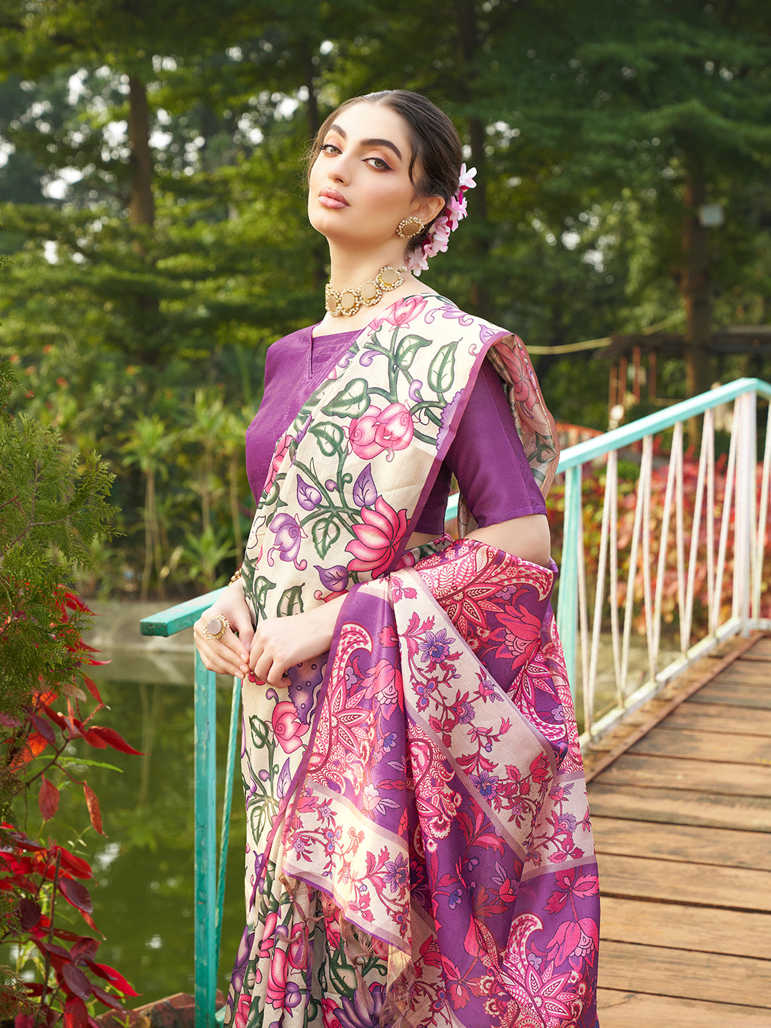 Pardeshi -Kalamkari printed saree with solid border