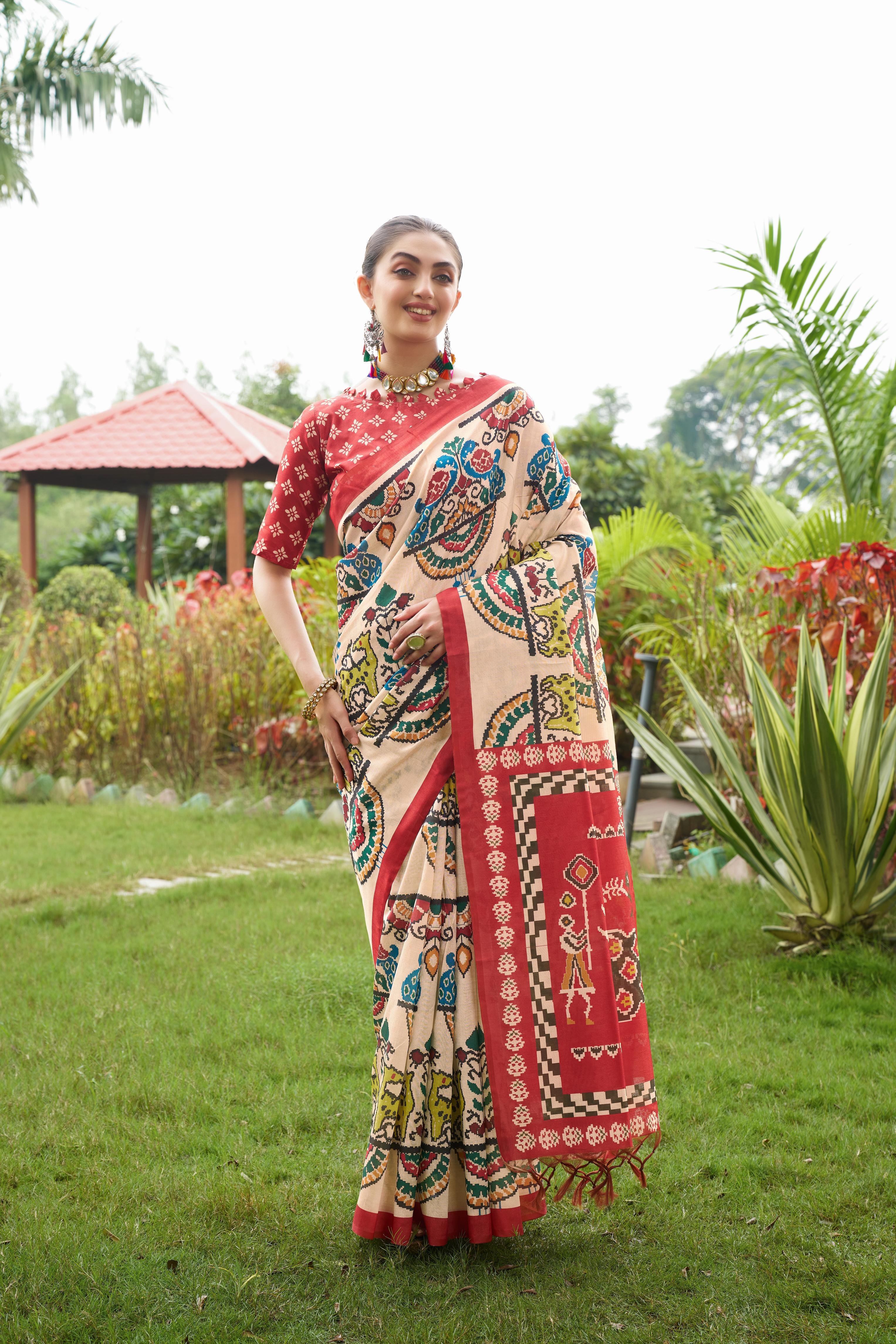 Mulk-2- Elegant Red & Cream Floral Saree