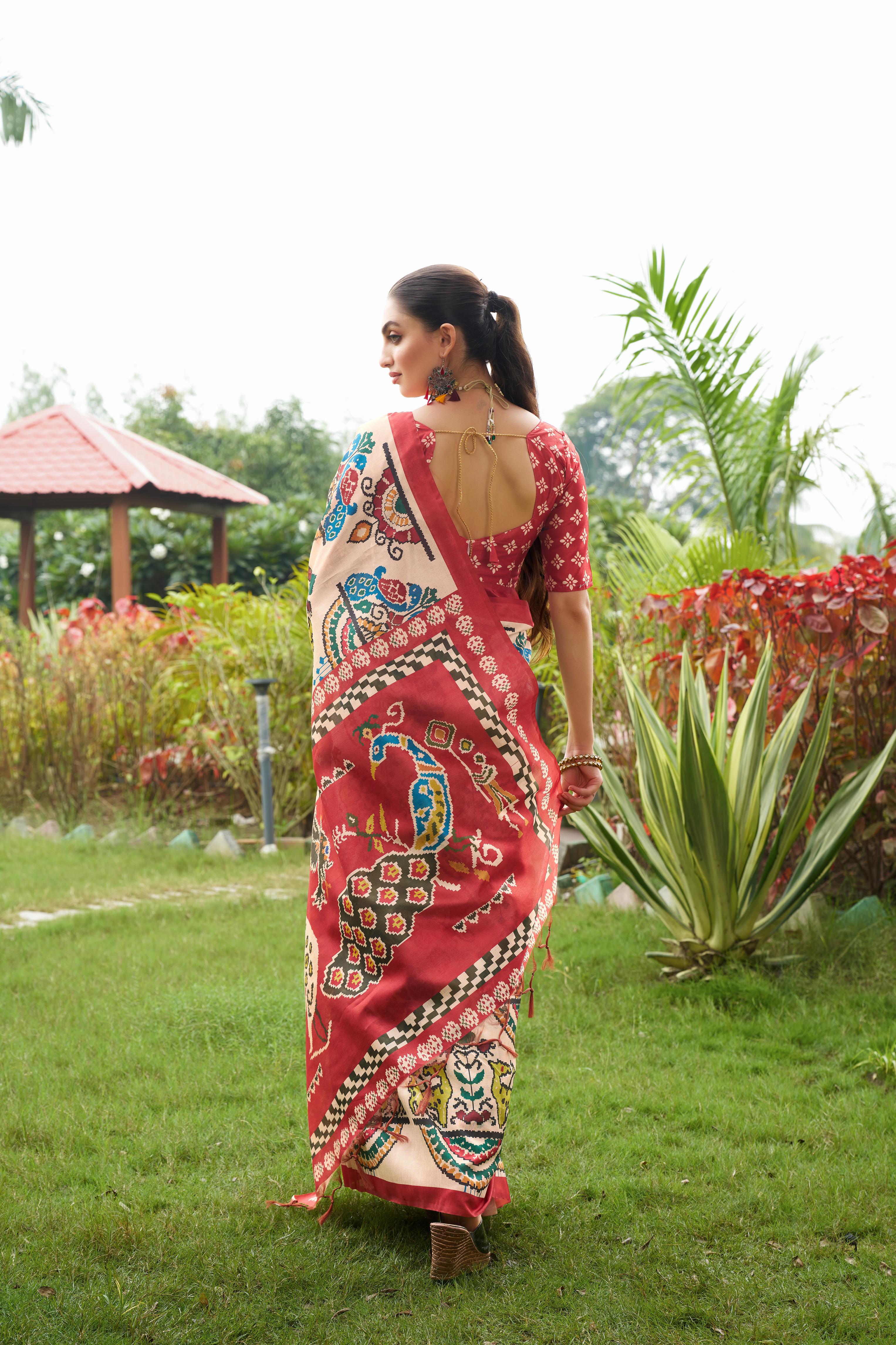 Mulk-2- Elegant Red & Cream Floral Saree