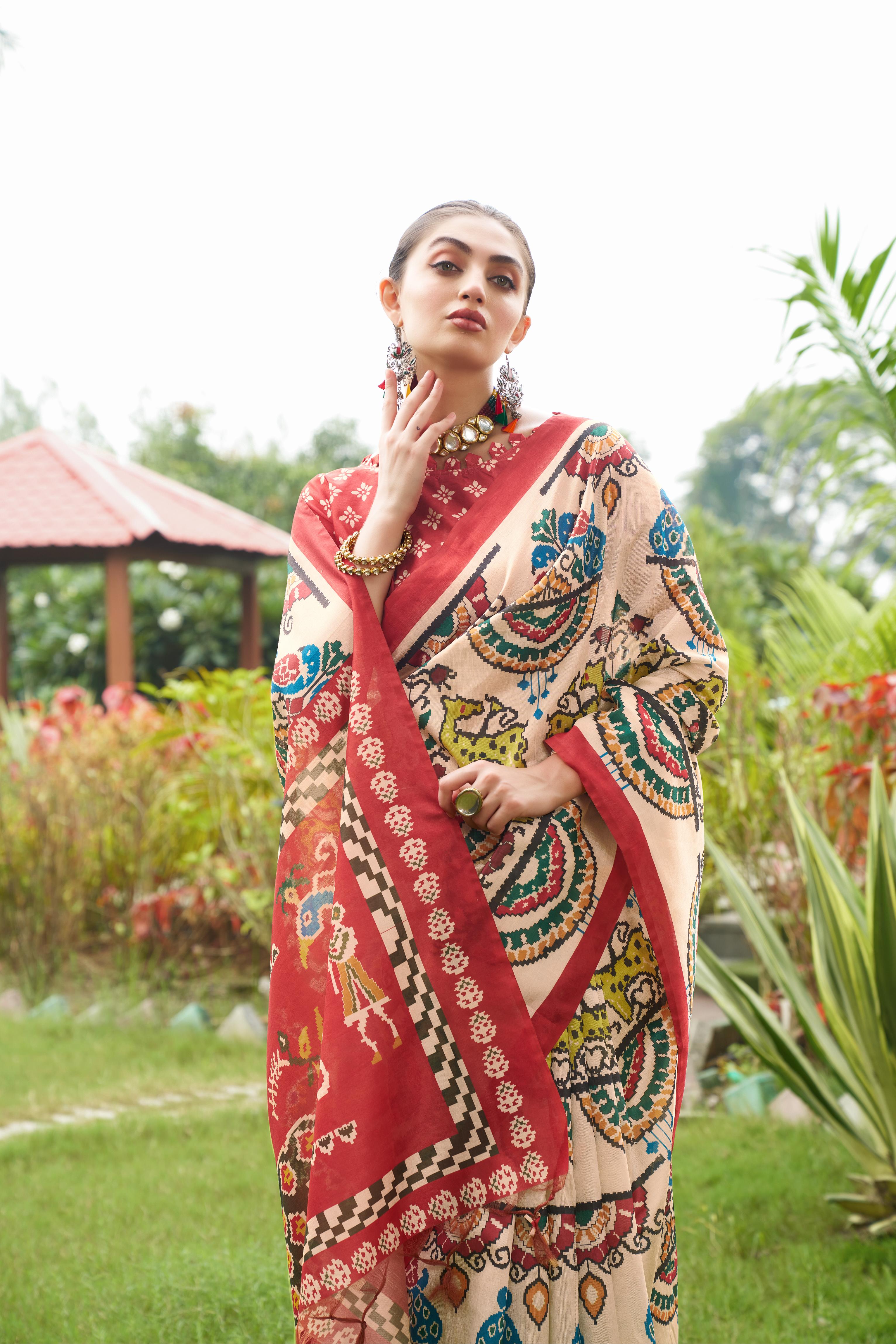 Mulk-2- Elegant Red & Cream Floral Saree