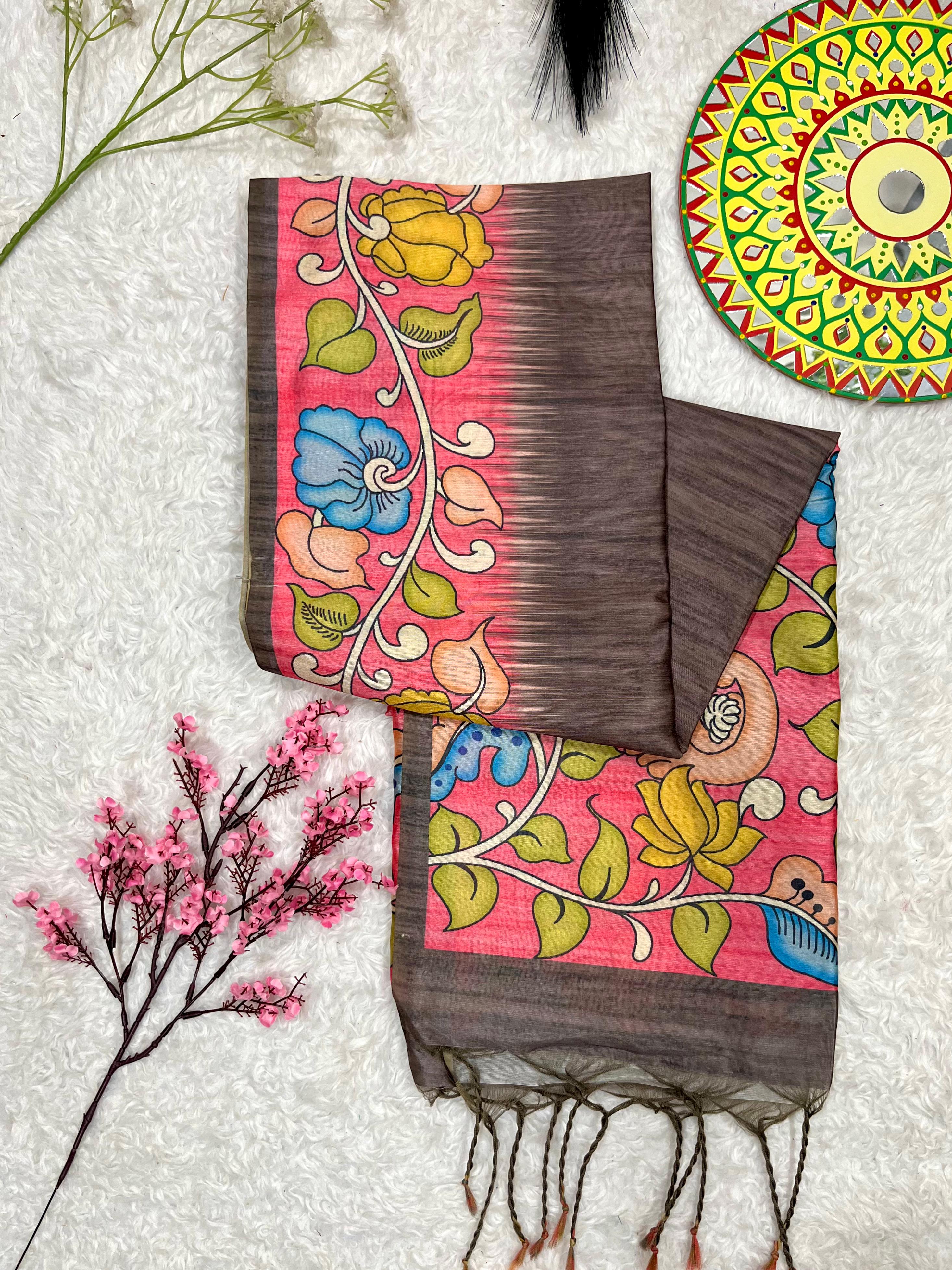 Kajal- Women Tussar Silk Saree with Kalamkari Print