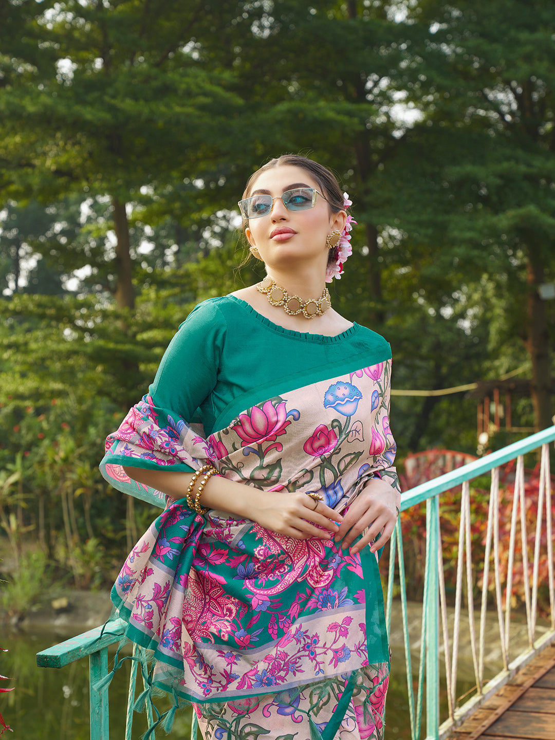 Pardeshi -Kalamkari printed saree with solid border
