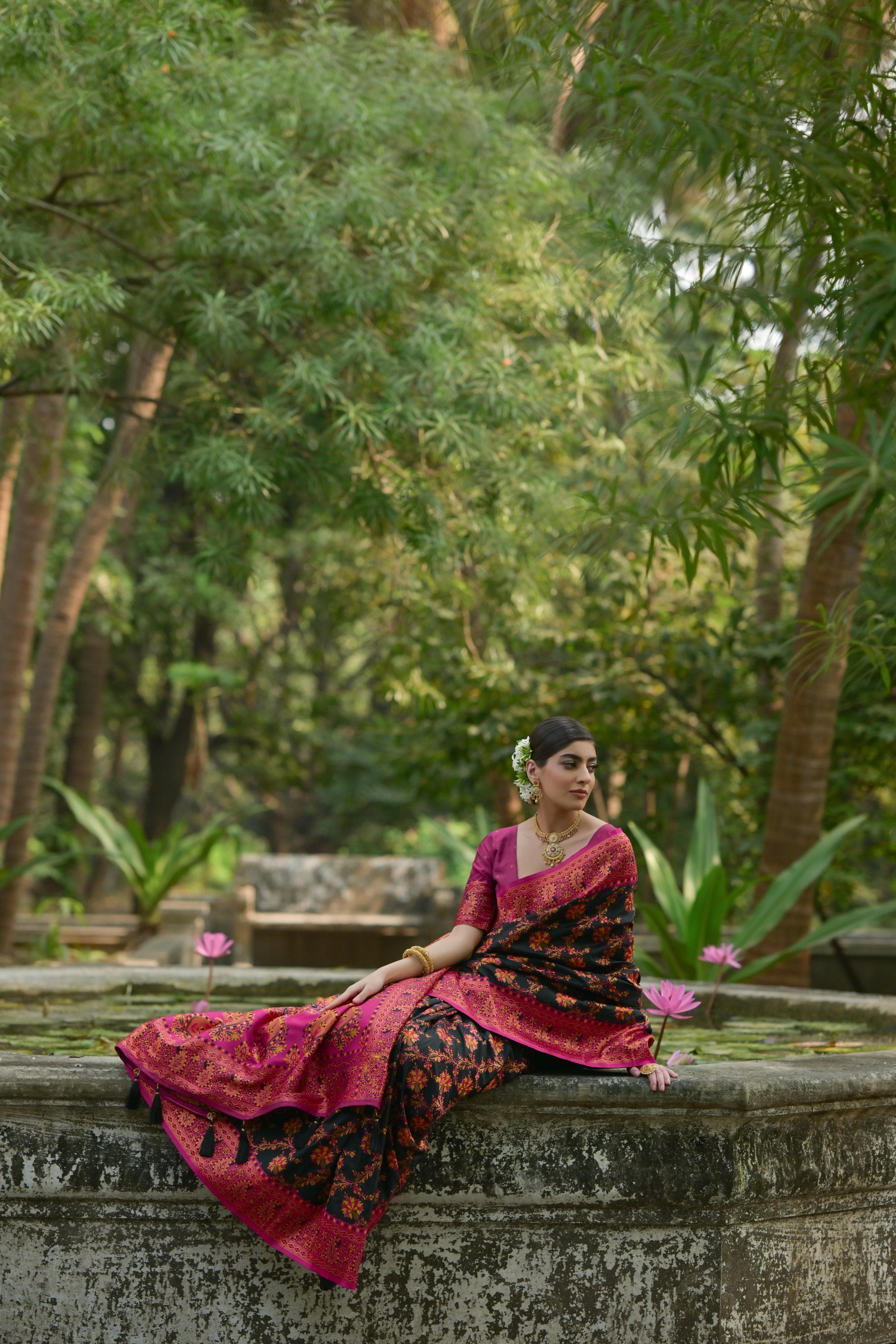 Meer- Elegant Cream & Magenta Banarasi Silk Saree with Intricate Floral Weave