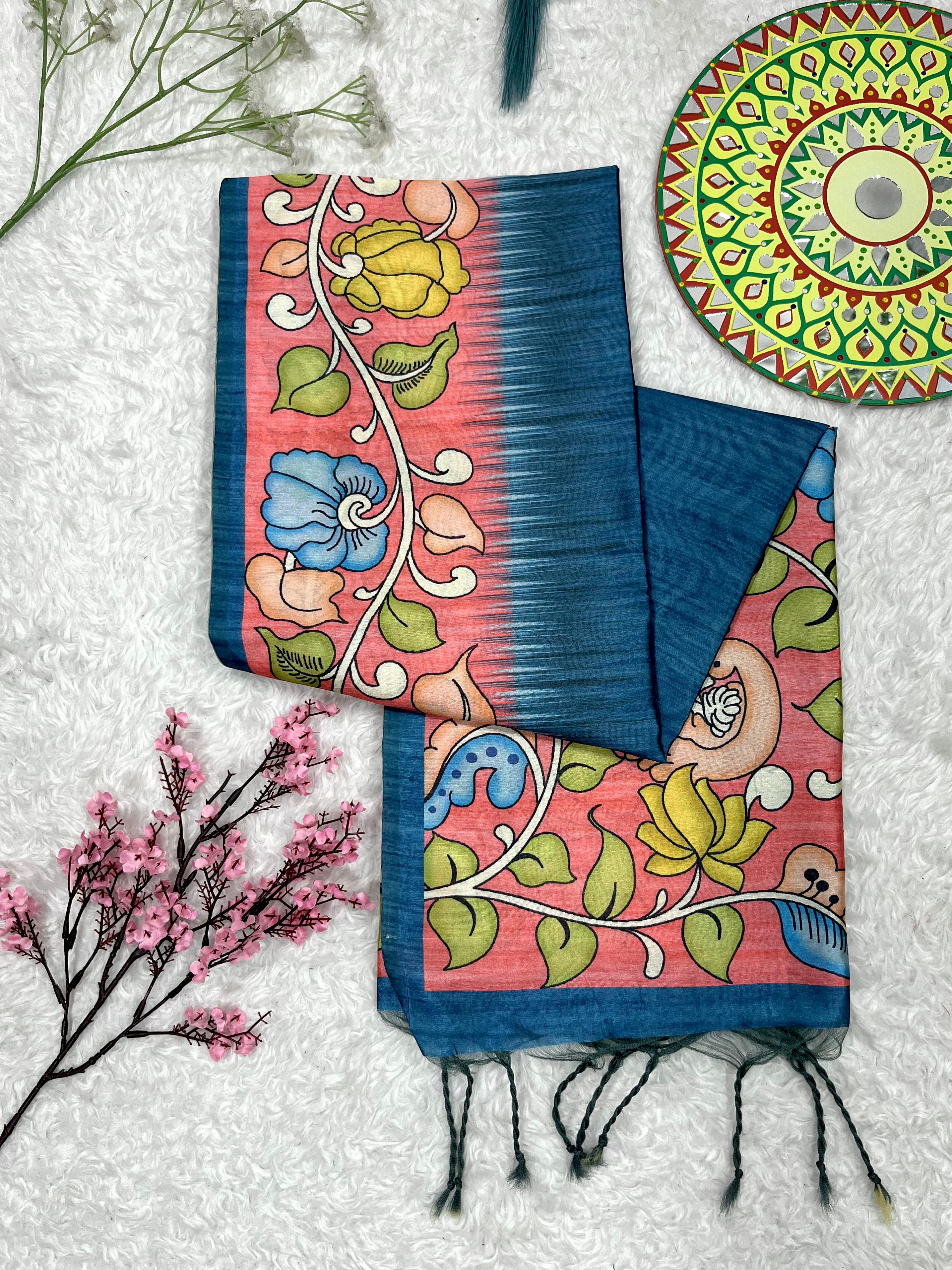 Kajal- Women Tussar Silk Saree with Kalamkari Print