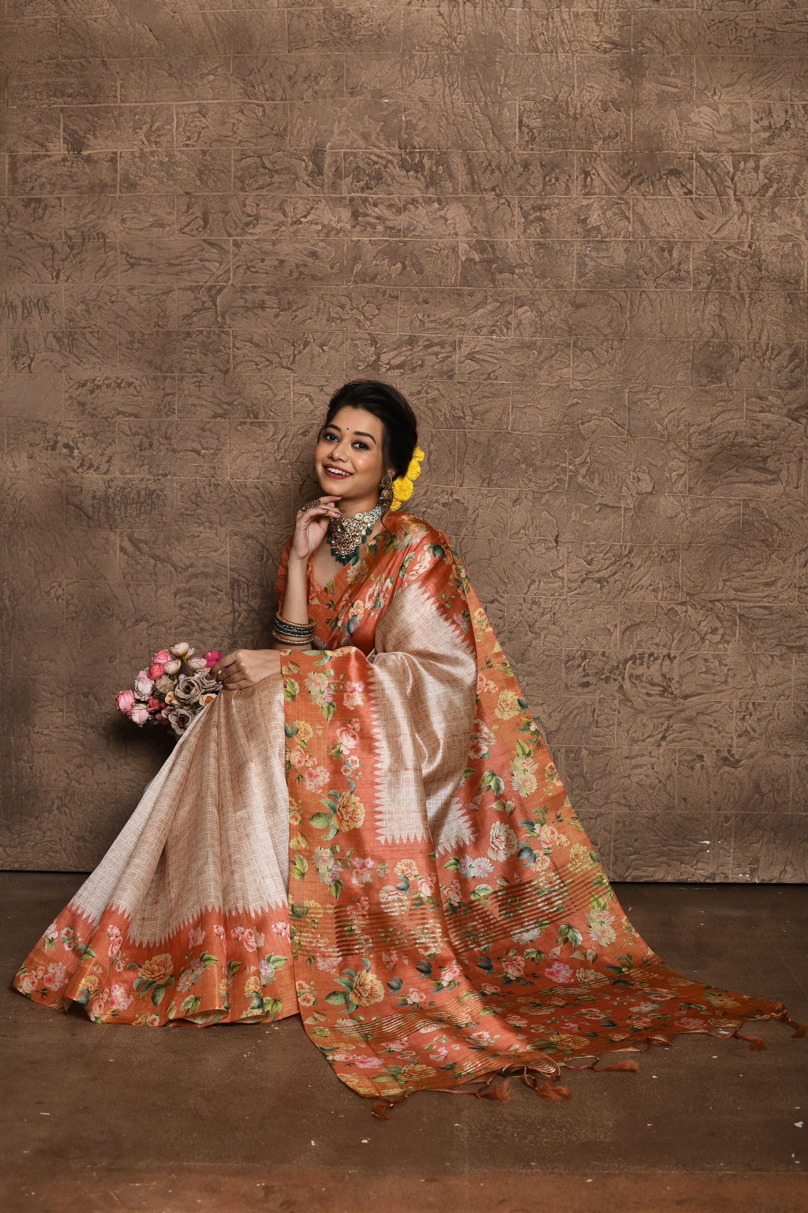 Heeni- soft tussar silk saree with all over beautiful print and control floral print on pallu