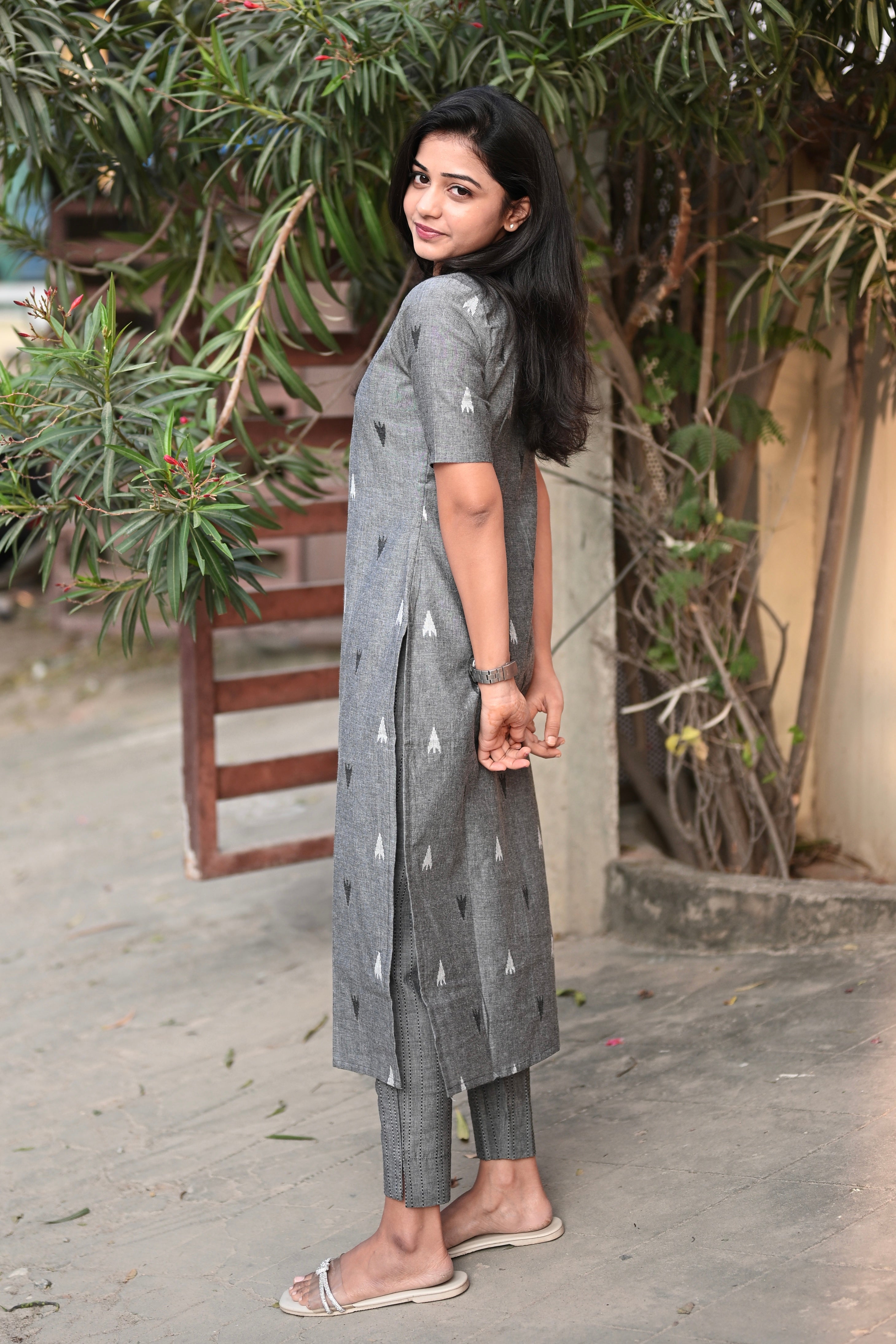 Grey Ikat Print Pure Cotton Kurta with Matching Trousers
