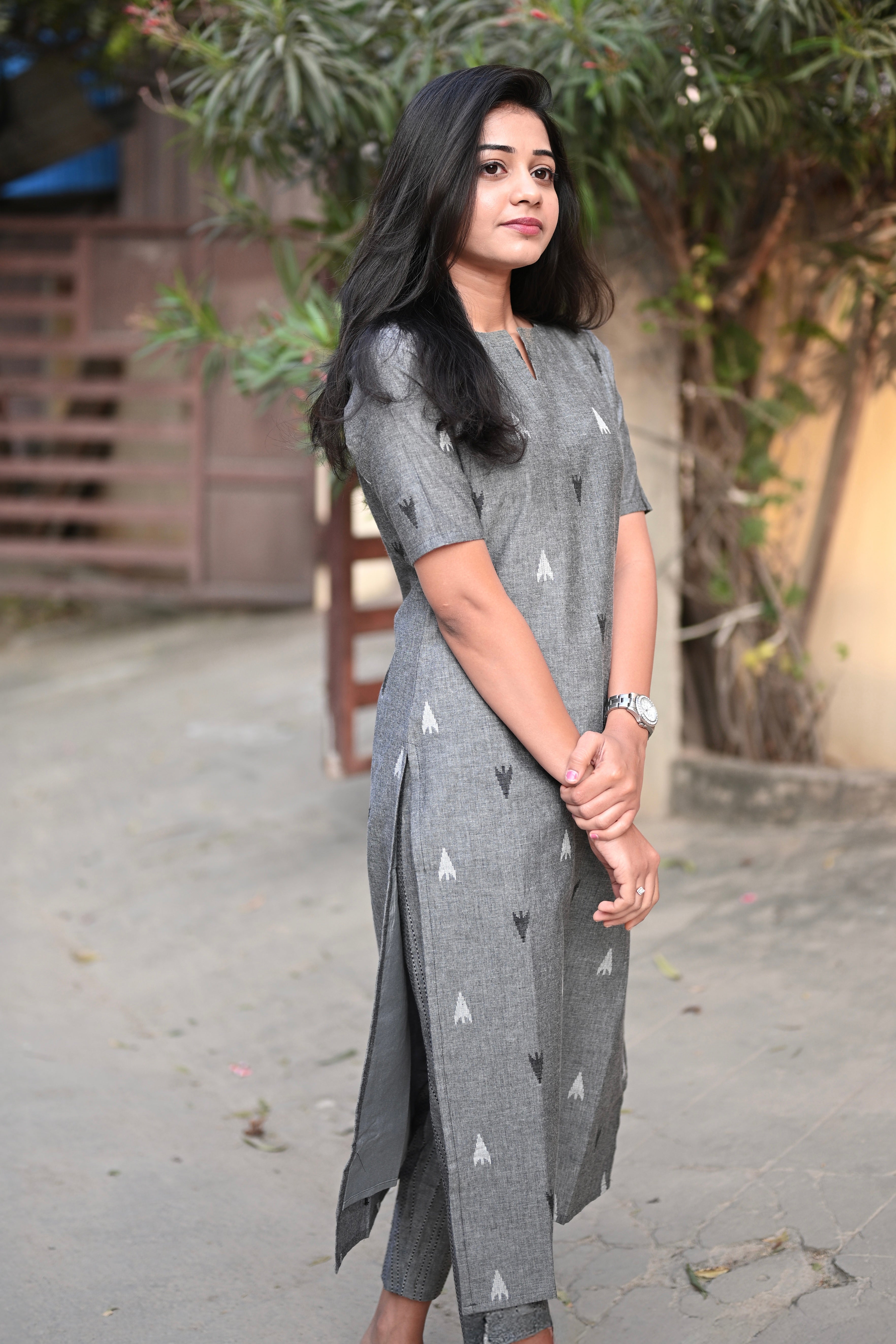 Grey Ikat Print Pure Cotton Kurta with Matching Trousers