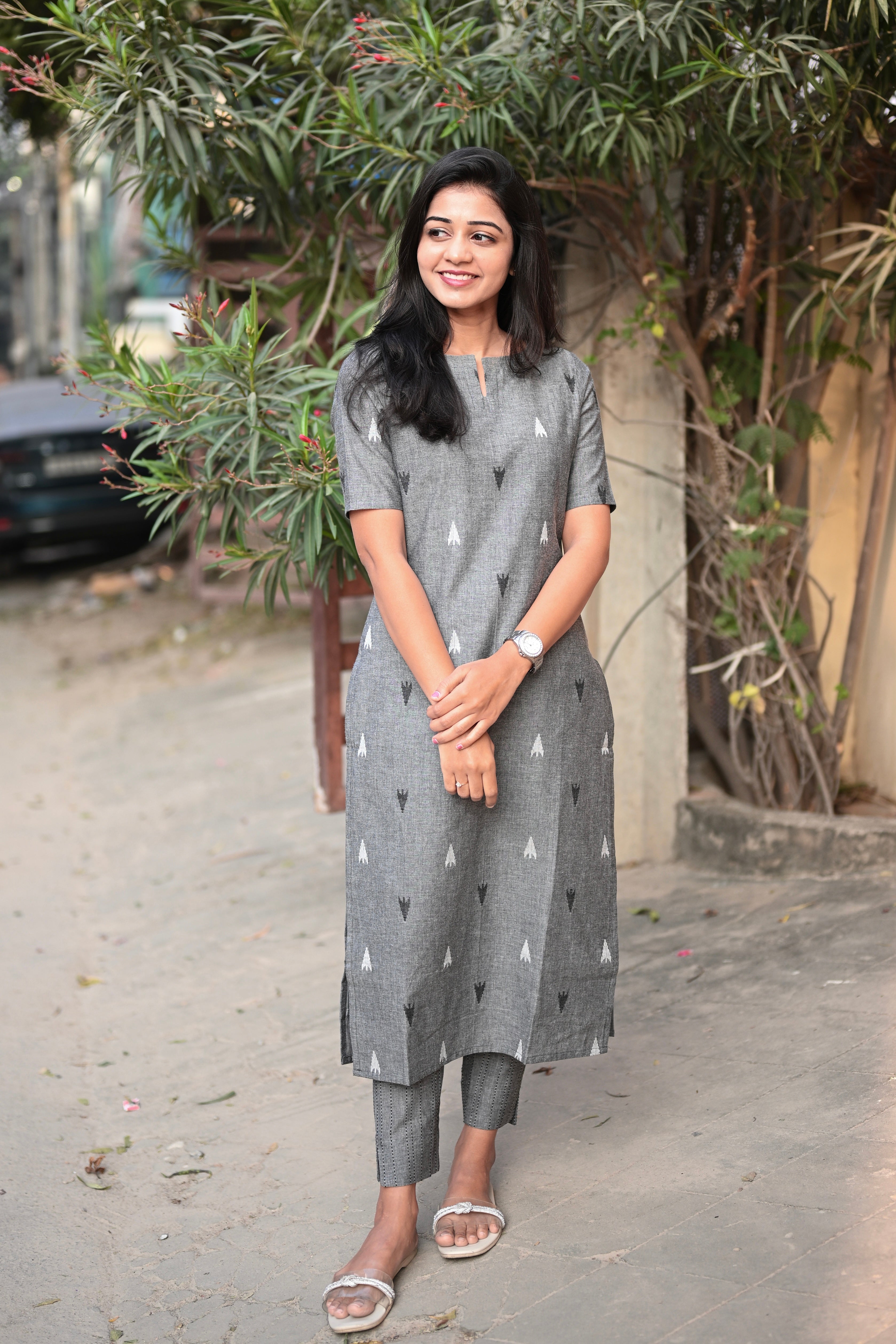 Grey Ikat Print Pure Cotton Kurta with Matching Trousers