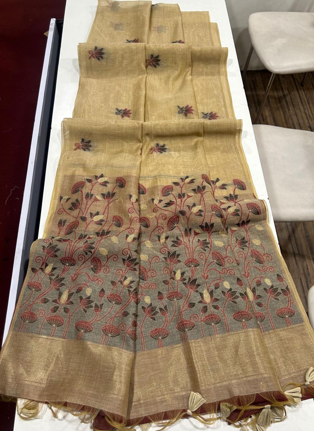 Noor- Muga cotton saree Temple Anarkali Gown is crafted with premium silk and traditional embroidery,