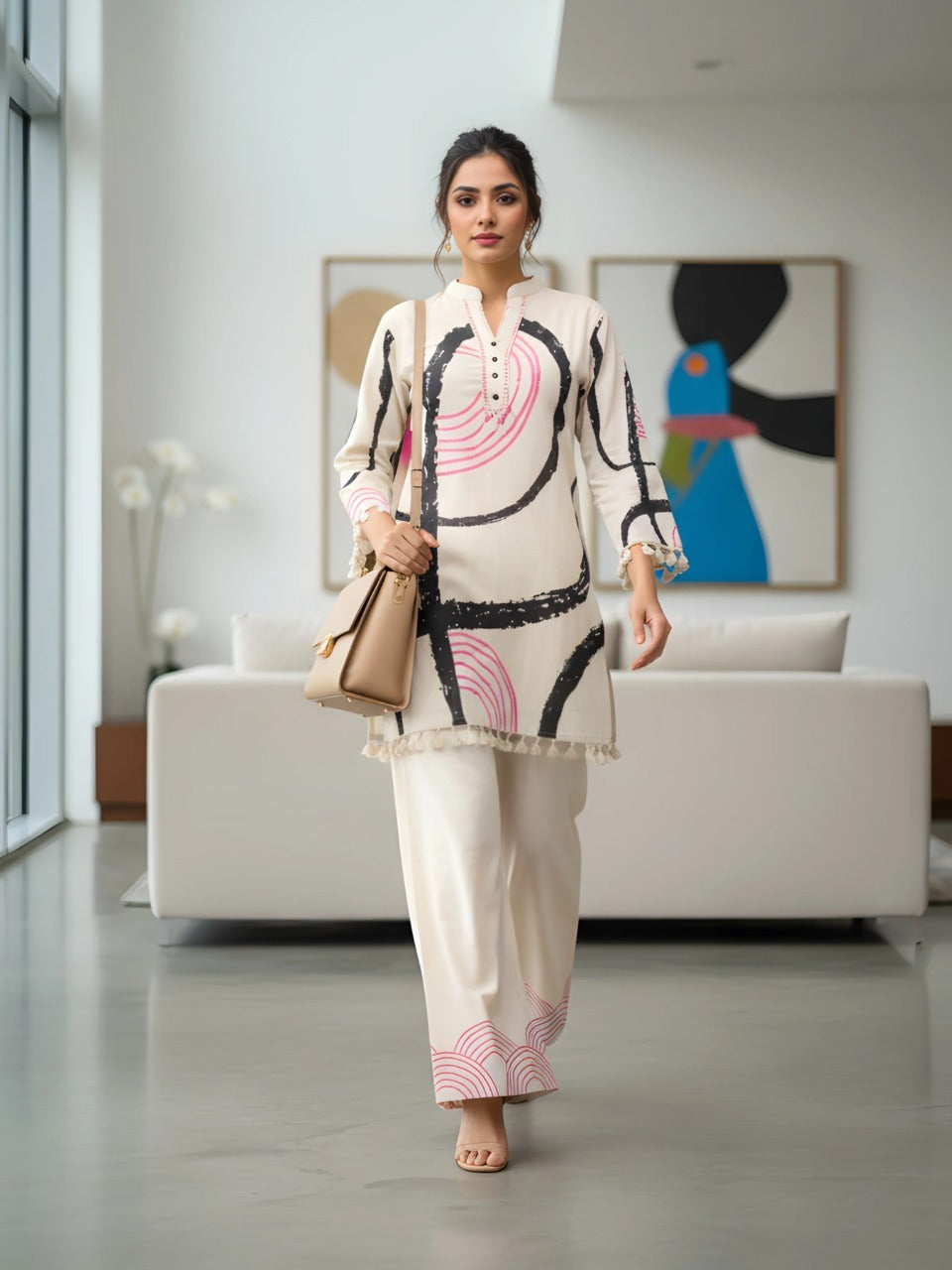 Modern Ethnic Cream Kurta Palazzo Set