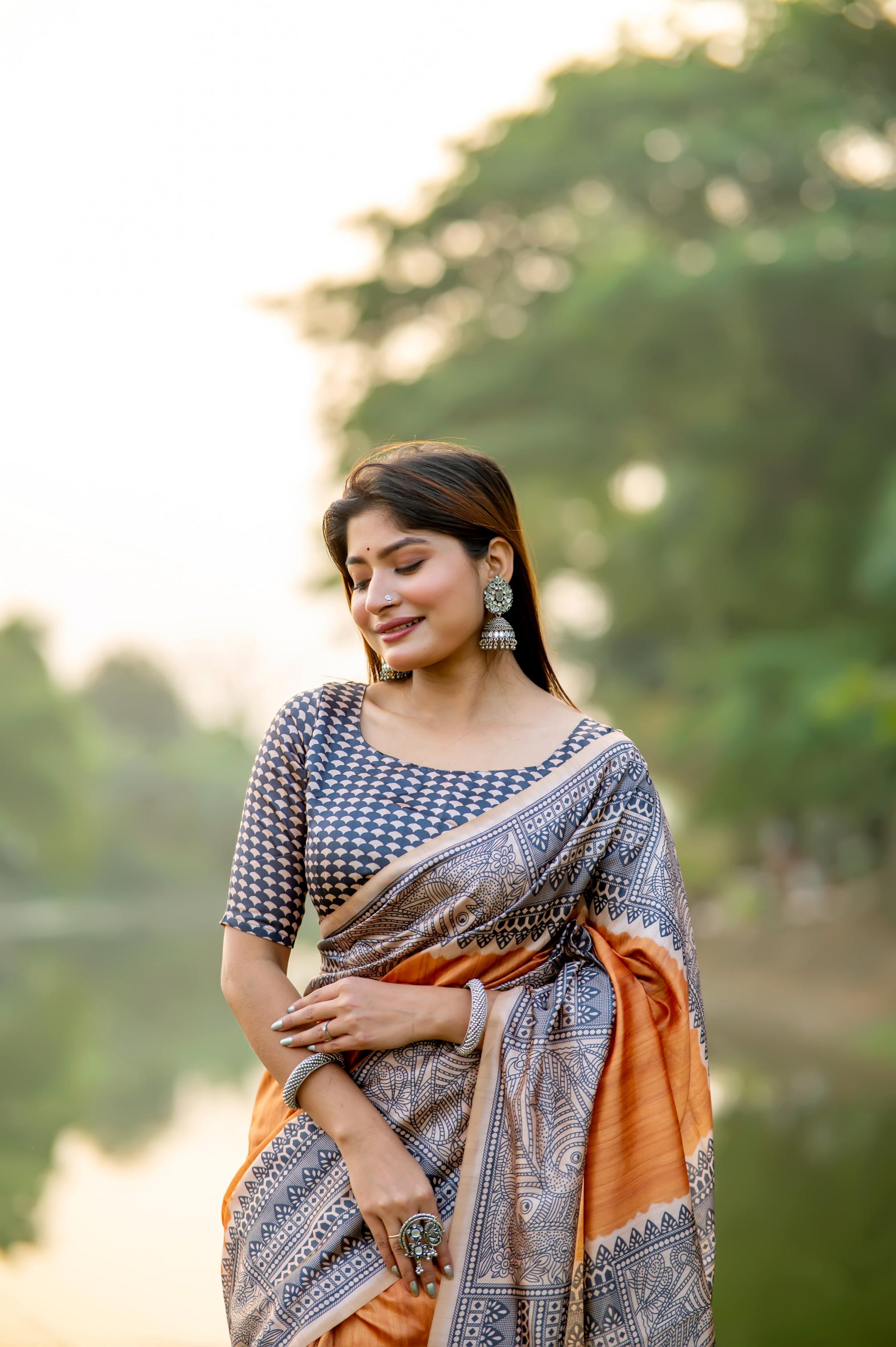 Muskan- Traditional Warli Print Saree in Copper & Charcoal Hues