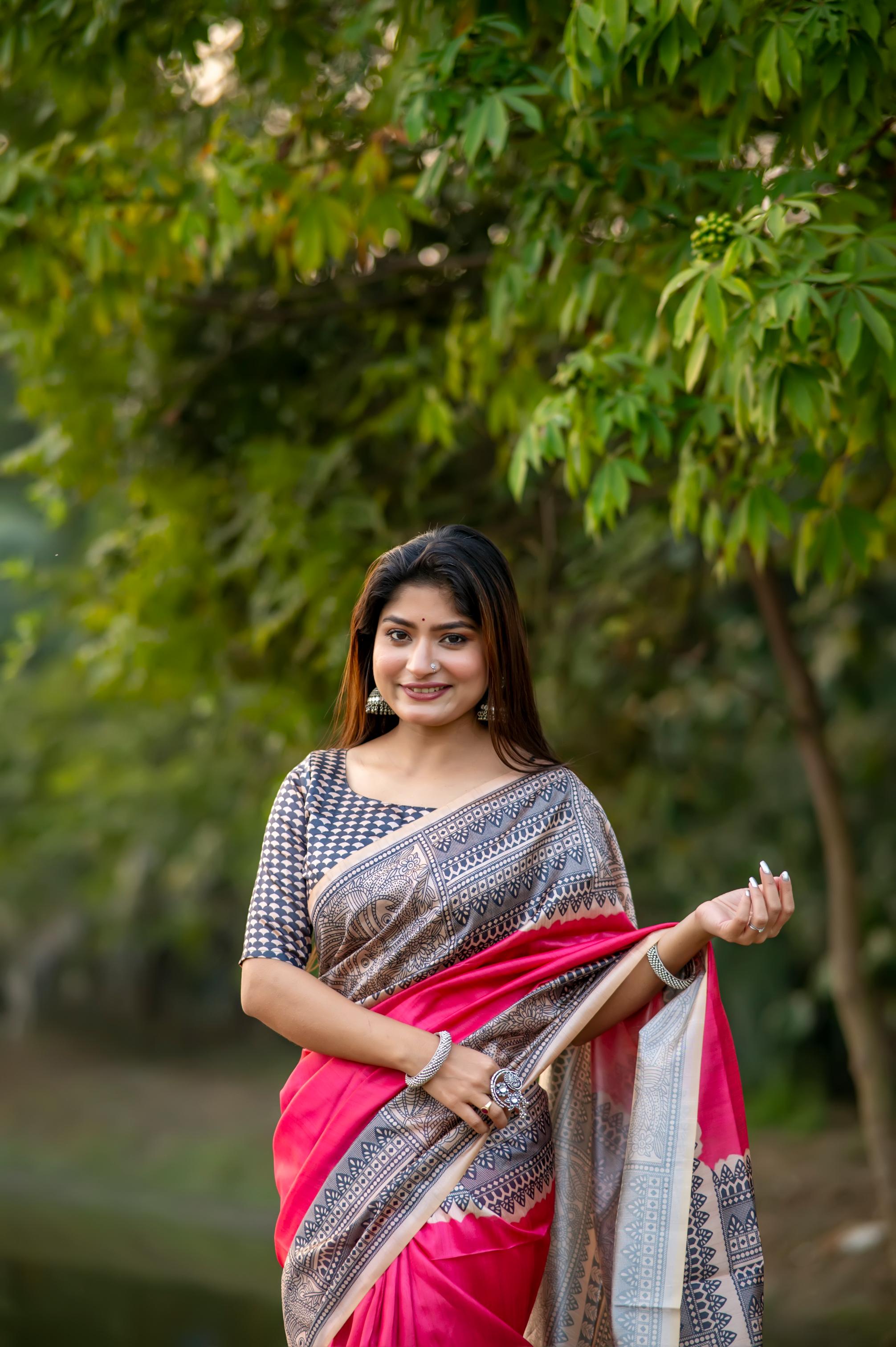 Muskan- Traditional Warli Print Saree in Copper & Charcoal Hues