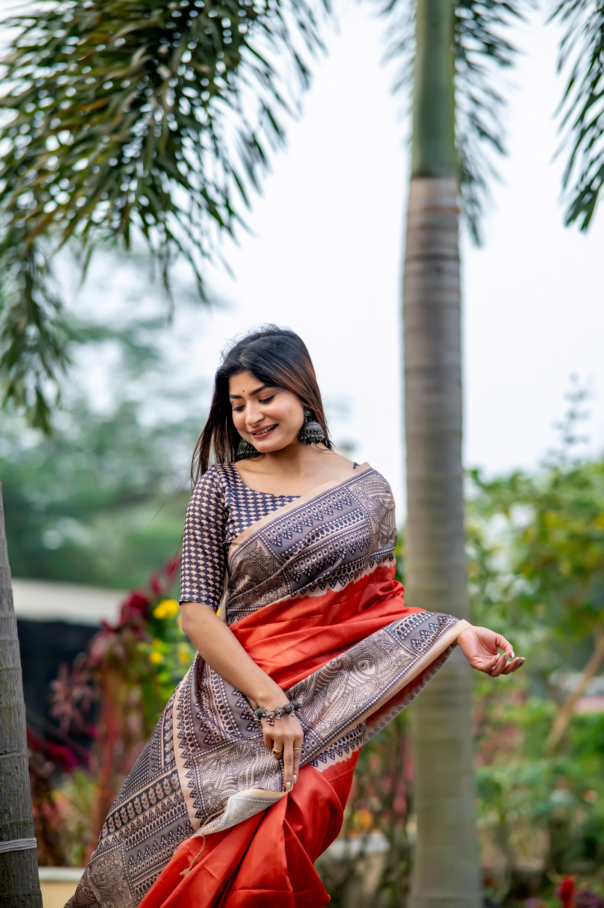 Muskan- Traditional Warli Print Saree in Copper & Charcoal Hues