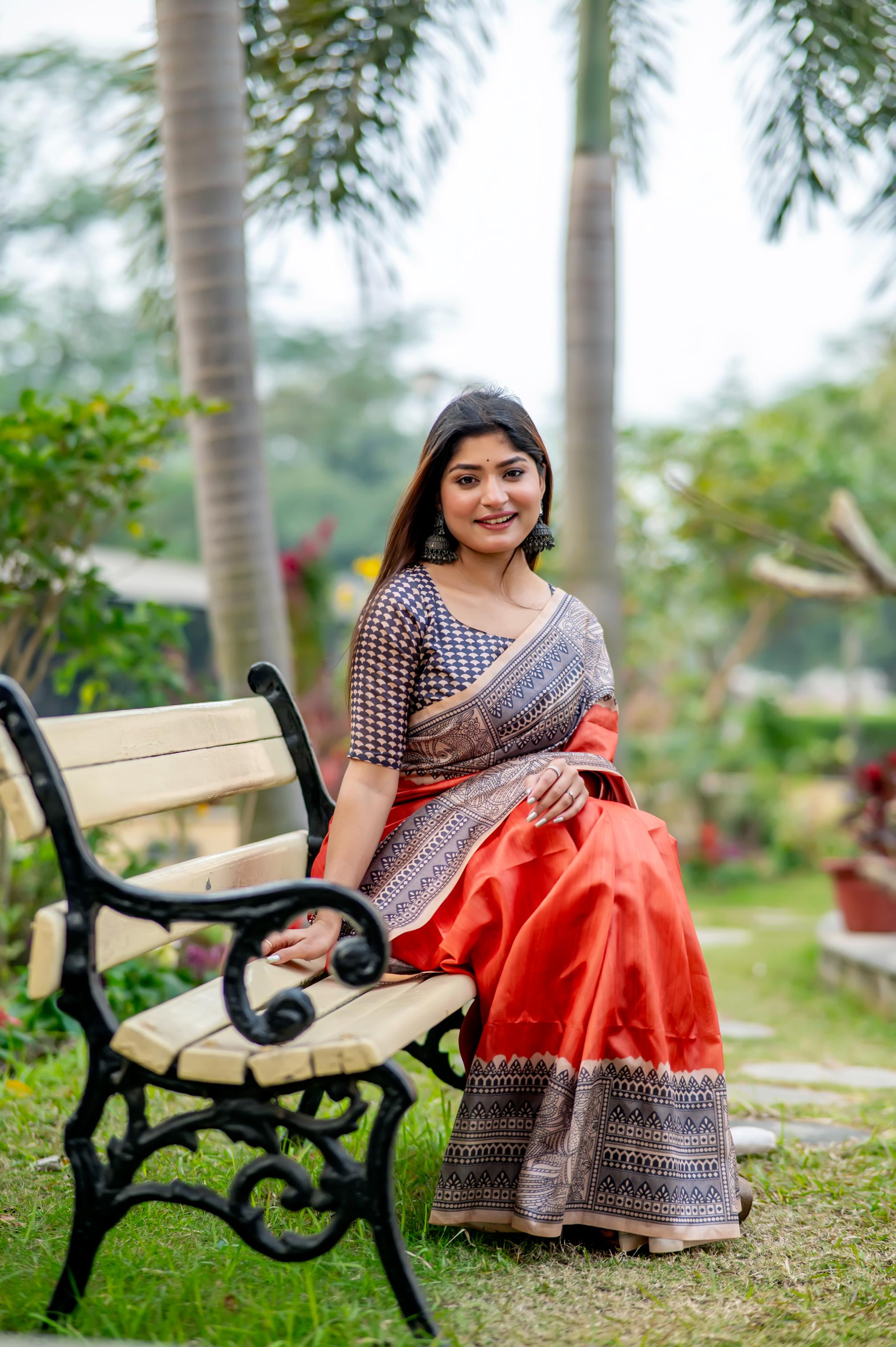 Muskan- Traditional Warli Print Saree in Copper & Charcoal Hues