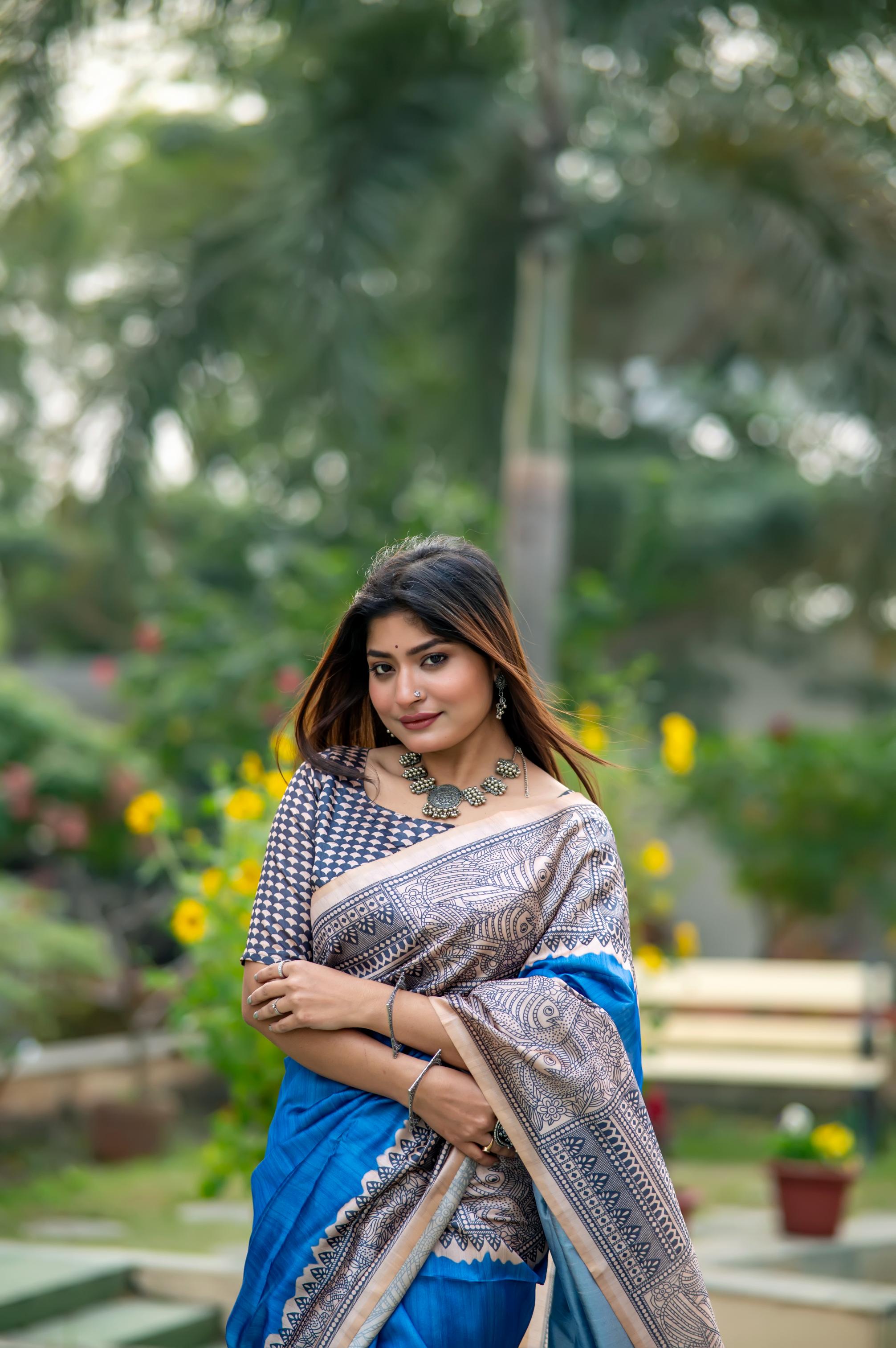 Muskan- Traditional Warli Print Saree in Copper & Charcoal Hues