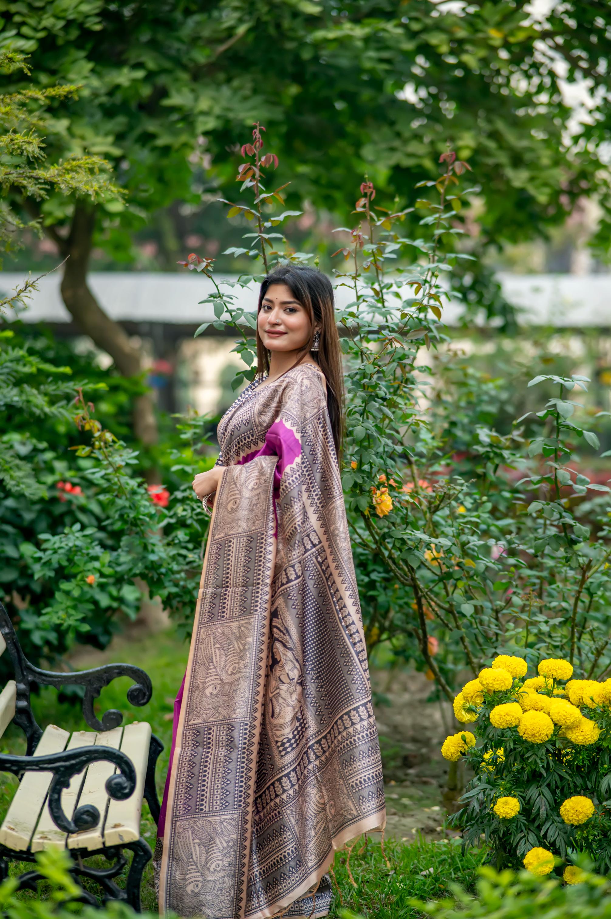 Muskan- Traditional Warli Print Saree in Copper & Charcoal Hues
