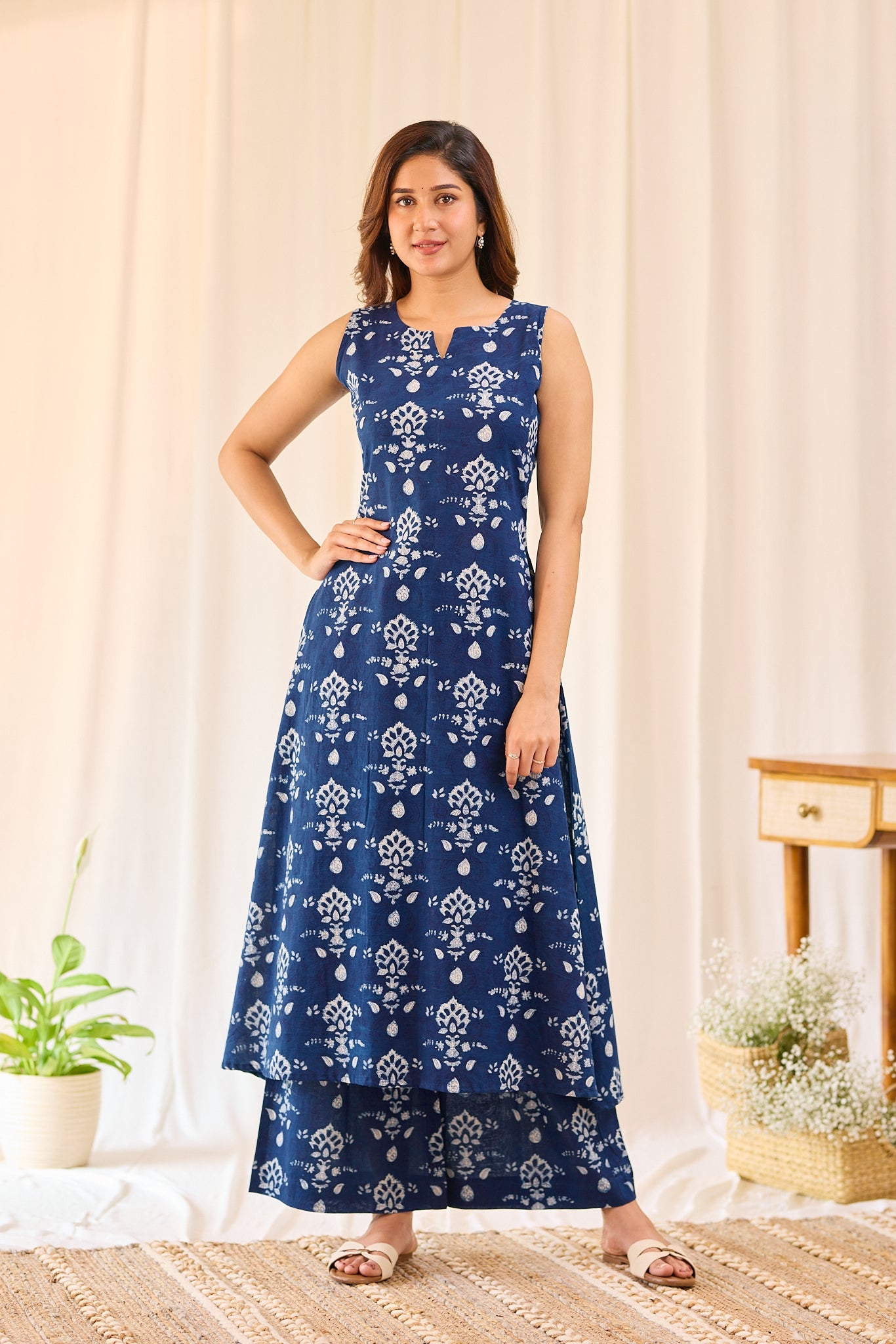 Summer Cotton Indigo Kurti with Wide Leg Pants