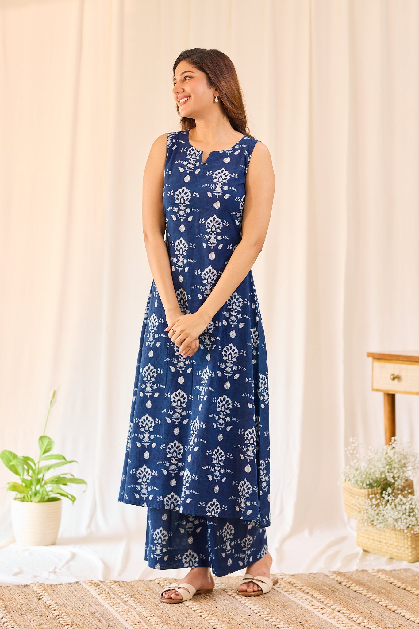 Summer Cotton Indigo Kurti with Wide Leg Pants