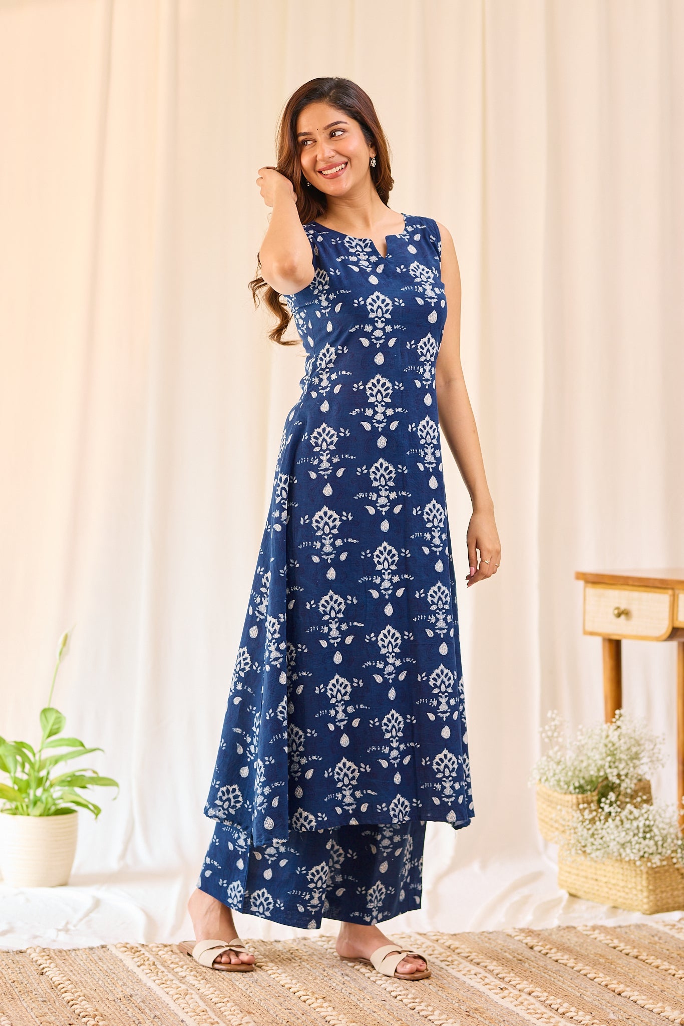 Summer Cotton Indigo Kurti with Wide Leg Pants
