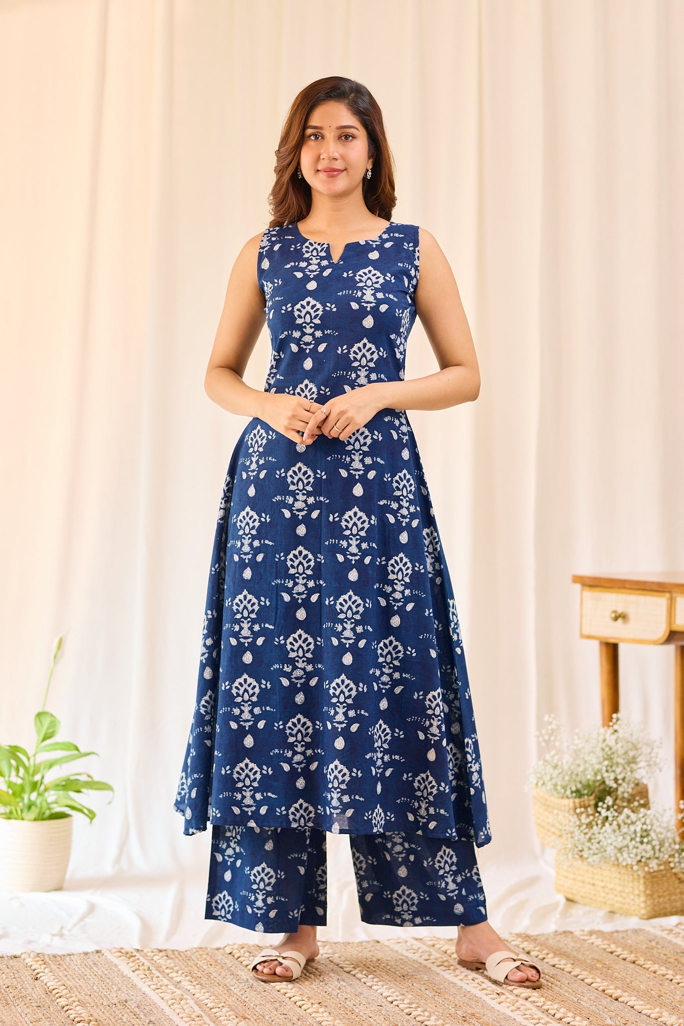 Summer Cotton Indigo Kurti with Wide Leg Pants