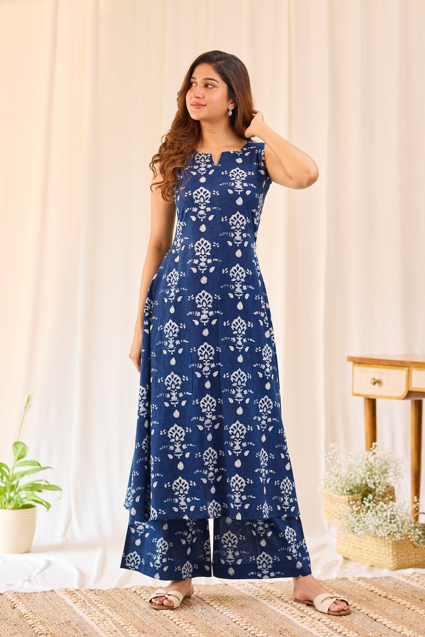 Summer Cotton Indigo Kurti with Wide Leg Pants
