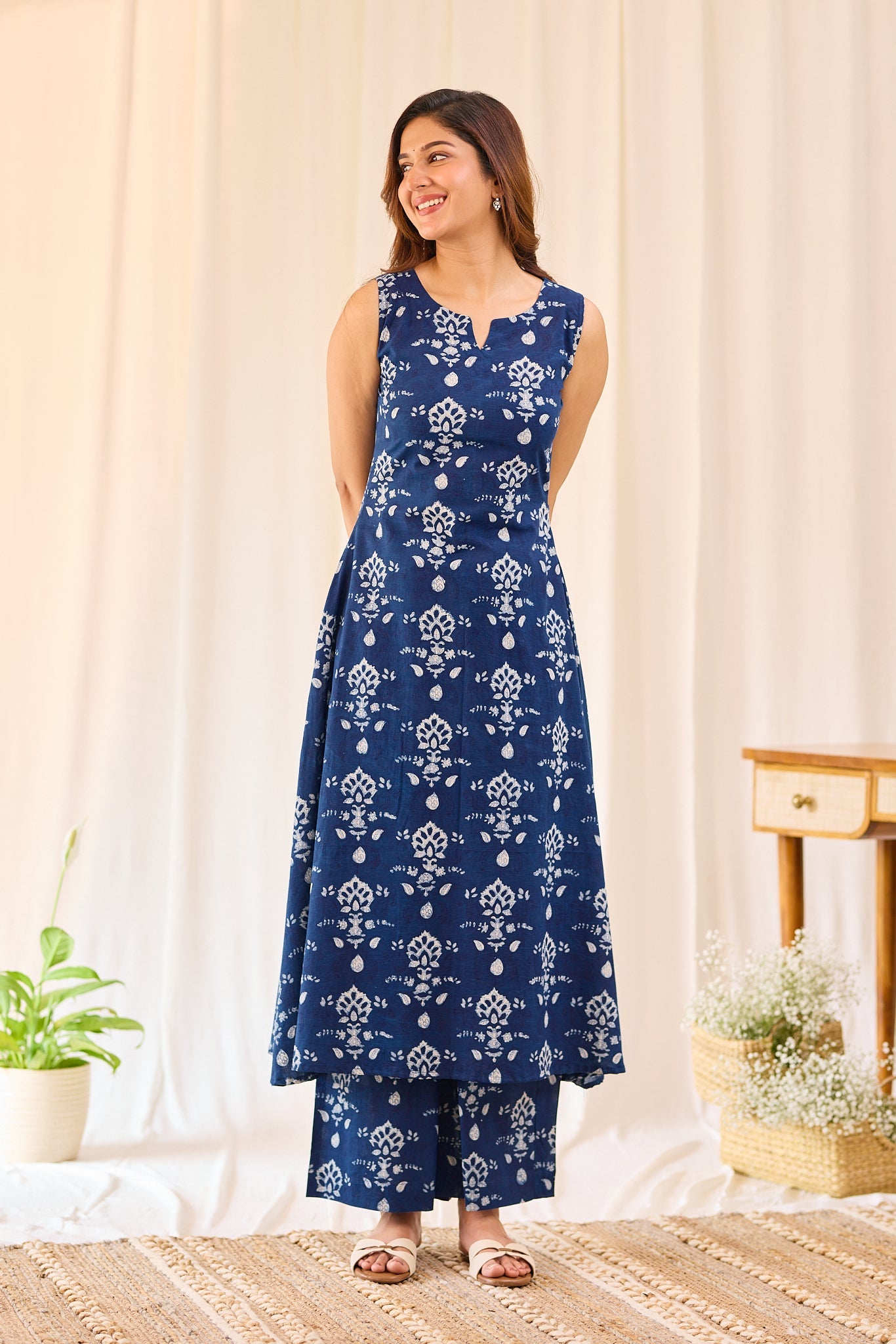 Summer Cotton Indigo Kurti with Wide Leg Pants