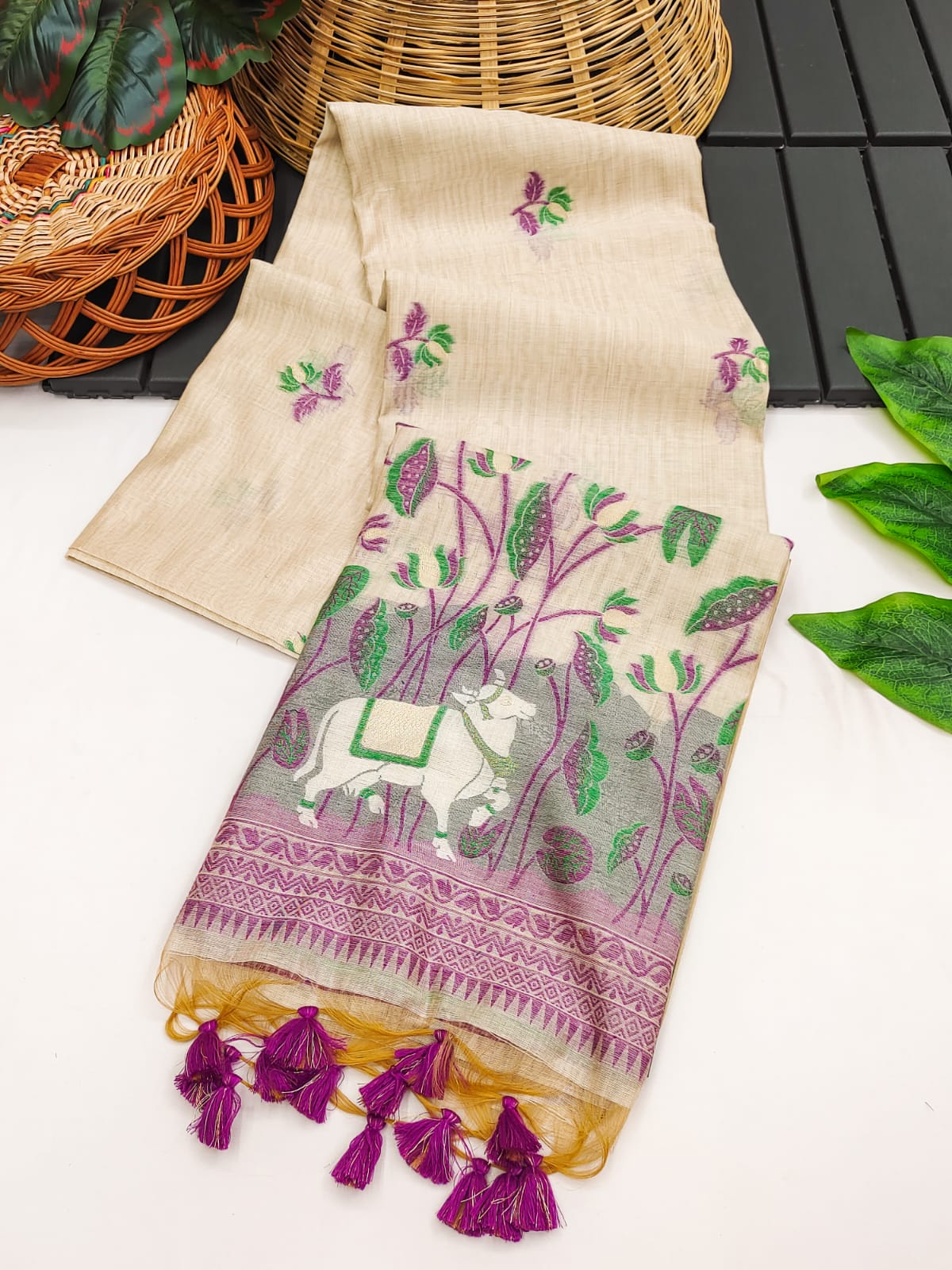Cow- Pranshi Navy Pichwai Muga Cotton Saree